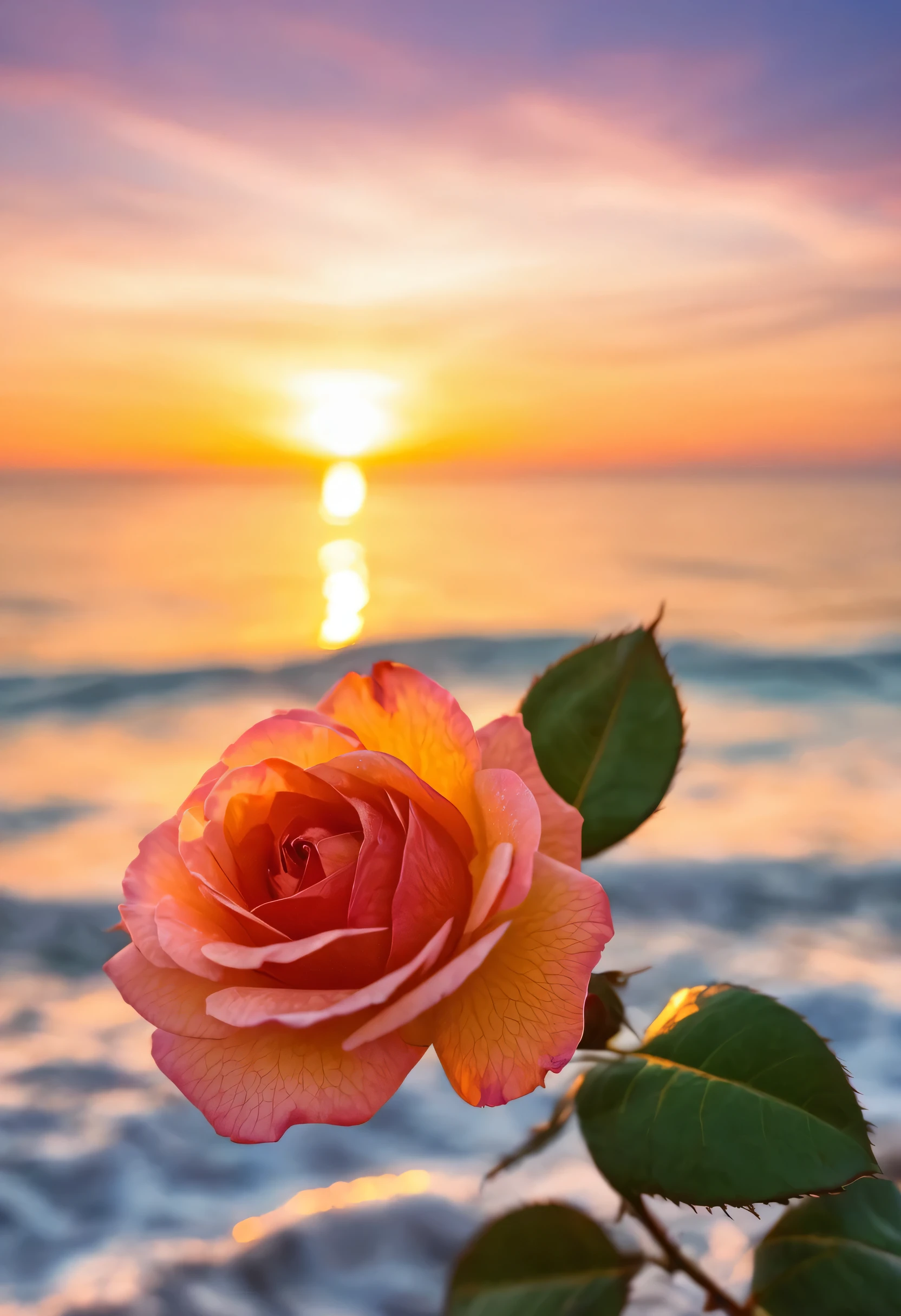 close-up, A rose, The background is a gorgeous sunset at the seaside, real texture, warm