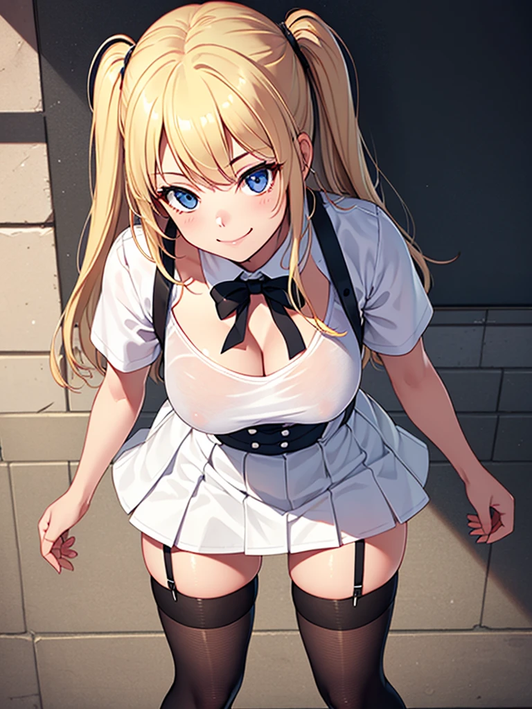  (highest quality, High resolution,  perfect pixel, Depth of bounds written, 4K), (detailed face), (1 girl), perfect body, blond hair, two side up, large breasts, white t-shirt, (black suspender skirt), (kneehighs), standing, leaning forward, light smile,