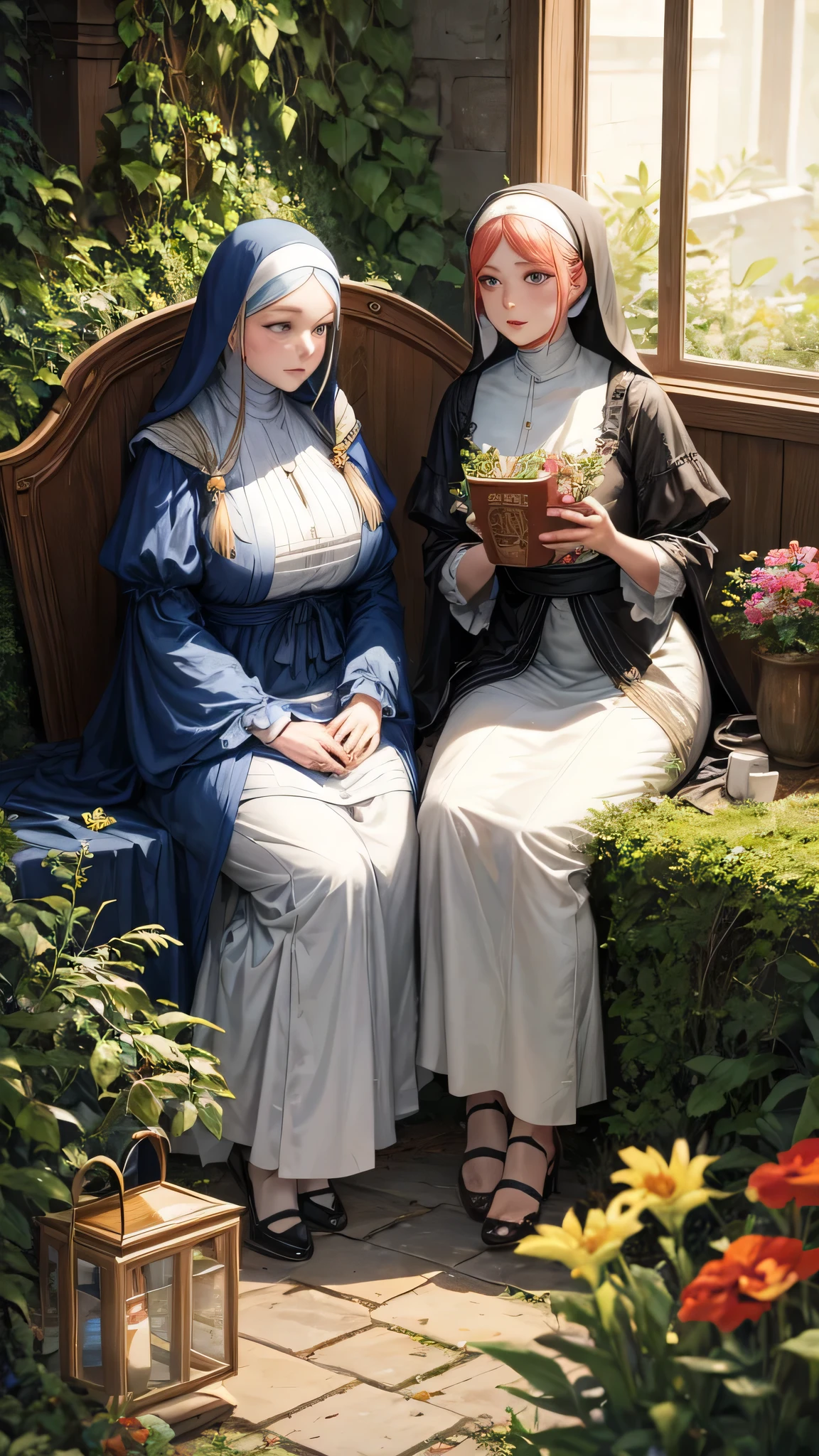 a couple of women sitting next to each other, tim walker, beautiful gemini twins portrait, humanoids overgrown with flowers, two hovering twin nuns, trending on artforum, weta disney movie still photo, by Wendy Froud, ! baron harkonnen!, film art of character design, maiden and fool and crone,Style from alice in wonderland.fat woman honor.