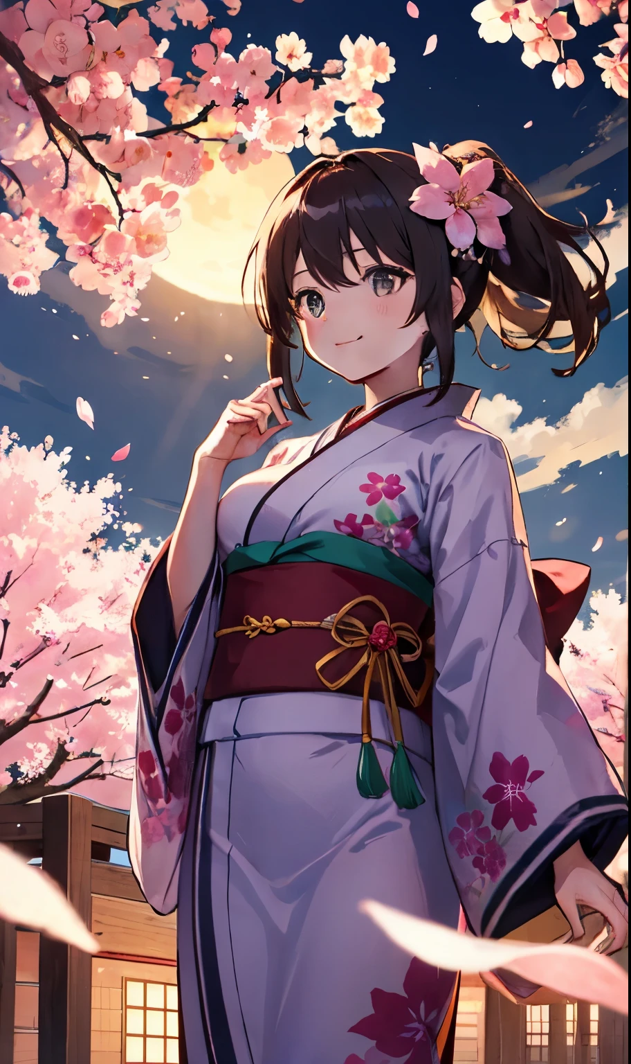 Anime girl in kimono outfit standing under a cherry tree - SeaArt AI