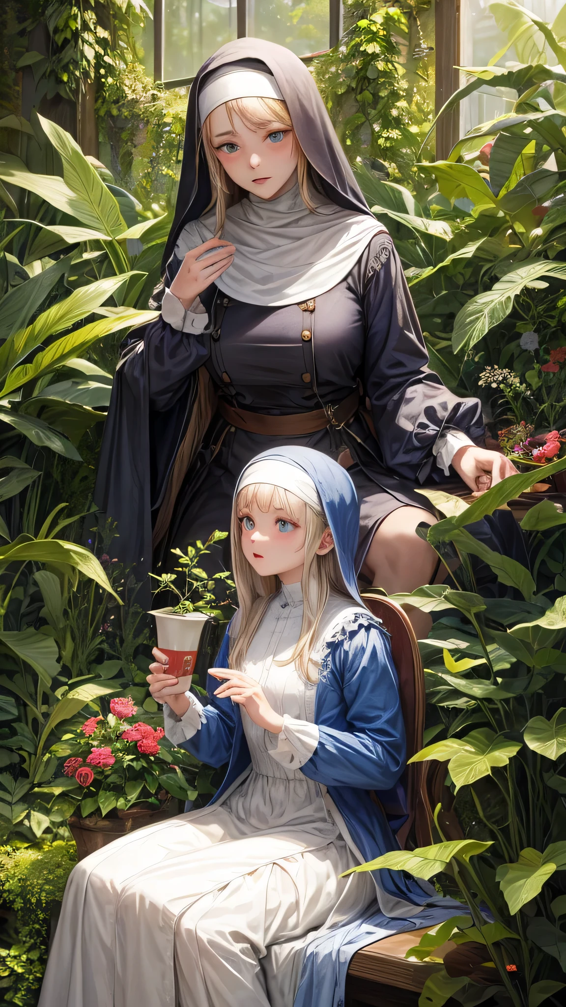 a couple of women sitting next to each other, tim walker, beautiful gemini twins portrait, humanoids overgrown with flowers, two hovering twin nuns, trending on artforum, weta disney movie still photo, by Wendy Froud, ! baron harkonnen!, film art of character design, maiden and fool and crone,Style from alice in wonderland.fat woman honor.