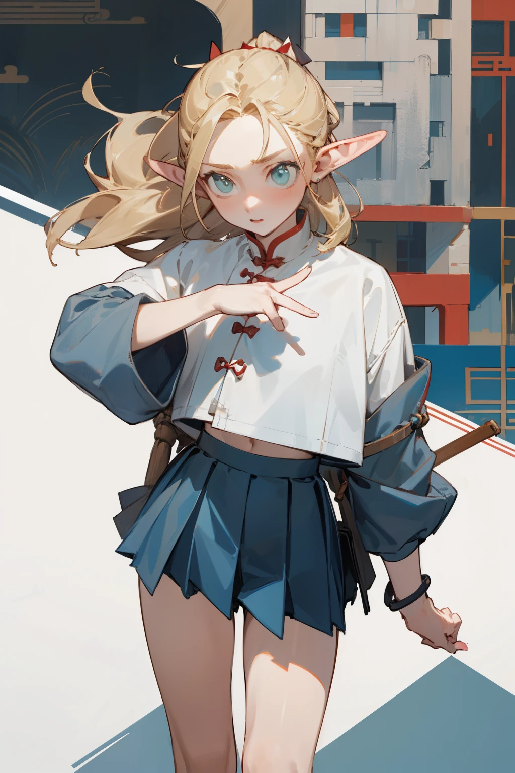 (masterpiece, best quality) detailed,silver accessories , Blonde ,elegant, pointed ears ，Chinese element pattern，White shirt，bikini，pleated skirt