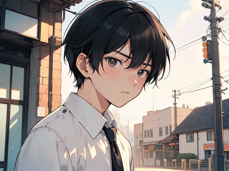 ((((boy, men)))),(((taken from the front, 1 boy, white , short hair, black hair, black eyes, high school student, tall, serious face, tie))), (On the way home from school), ((Uniform)), (Masterpiece), (High resolution), (Top quality), (Super delicate), ((Line drawing manga style)), Wallpaper, Manga style illustration, Painting style, heartwarming synopsis, youth, (student), (unique atmosphere), unique world view, unique atmosphere, ((town)), (masterpiece), (high resolution), (highest quality), (super delicate), line drawing manga style, comic style illustration, how to draw, warm outline color, (clear), (obvious)