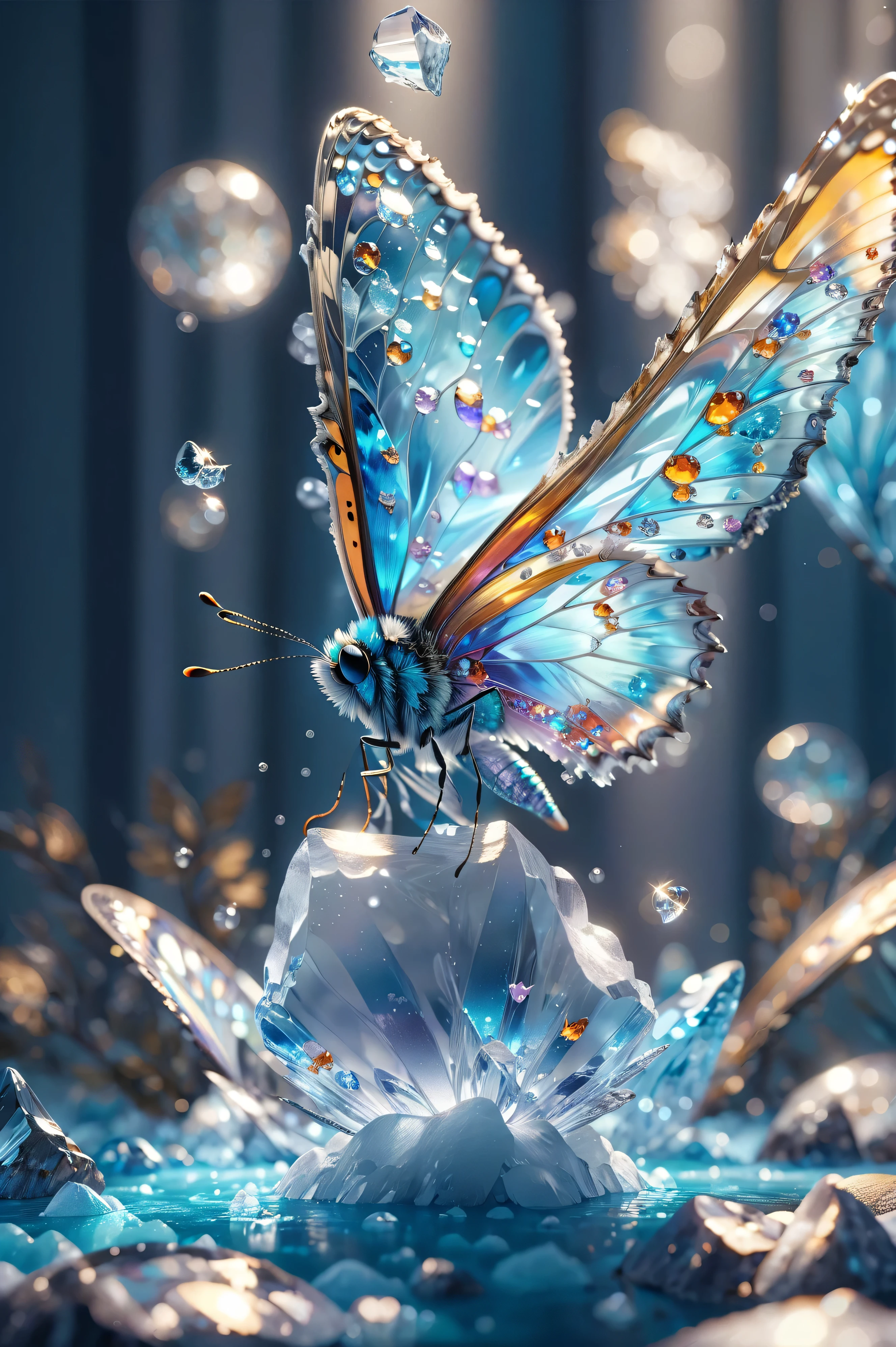 masterpiece, best quality, (Extremely detailed CG unified 8k wallpaper), (best quality), (Best Illustration), (best shadow), Ridiculous, Realistic lighting, (abyss), Beautiful and detailed light, Petermore's artwork,Realistic butterfly,Like ice crystals