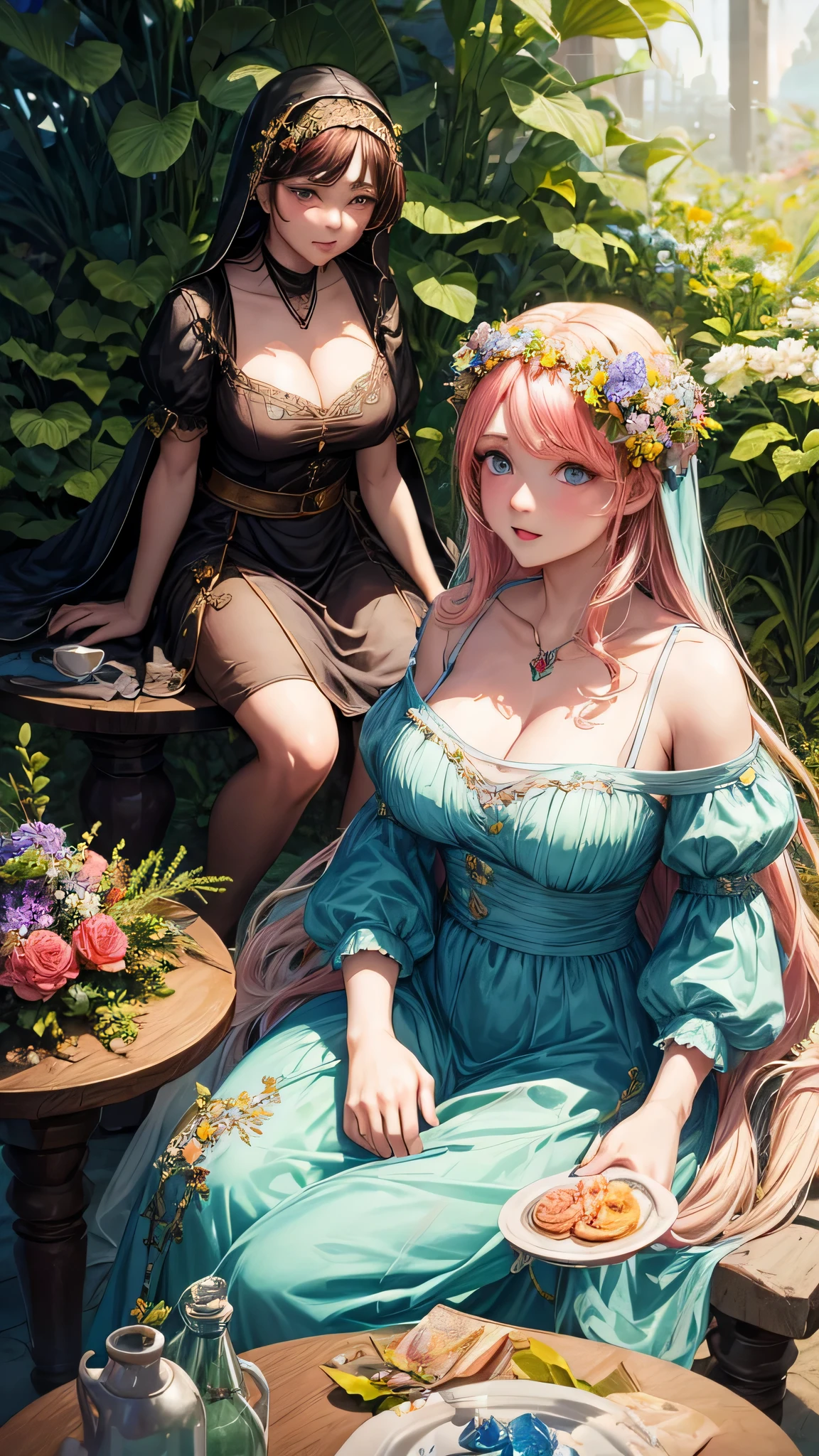 several young women sitting next to each other, heart walker, portrait of beautiful gemini twins, human figure covered in flowers, two floating twin nuns, trending on art forums, movie stills weta Disney, by Wendy Froud, ! baron harkonnen!, film art character design, young woman, Style from alice in wonderland.woman.