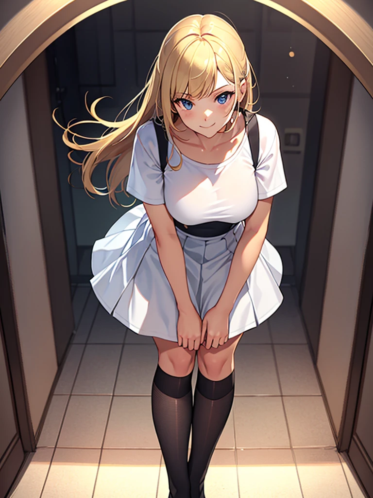 (highest quality, High resolution, perfect pixel, Depth of bounds written, 4K), (detailed face), (1 girl), perfect body, blond hair, two side up, large breasts, white t-shirt, (black suspender skirt), (kneehighs), standing, leaning forward, hand on own knee, light smile,