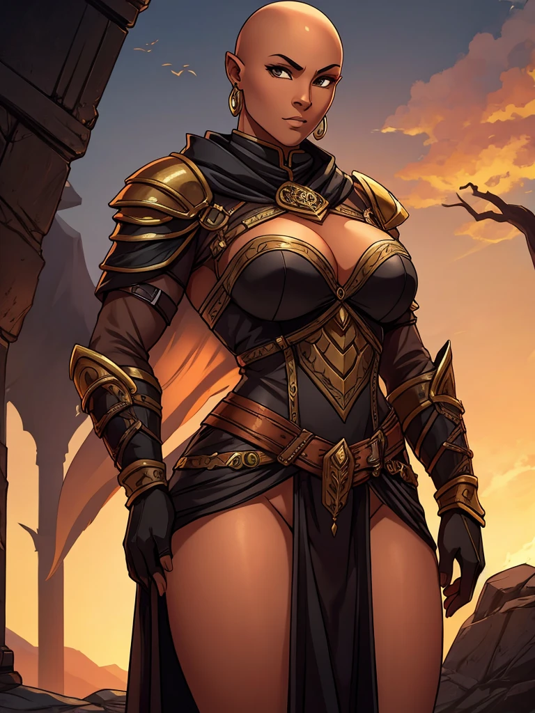 The Goddess of Beasts, very dark skin, bald, beautiful, huntress, leather armor