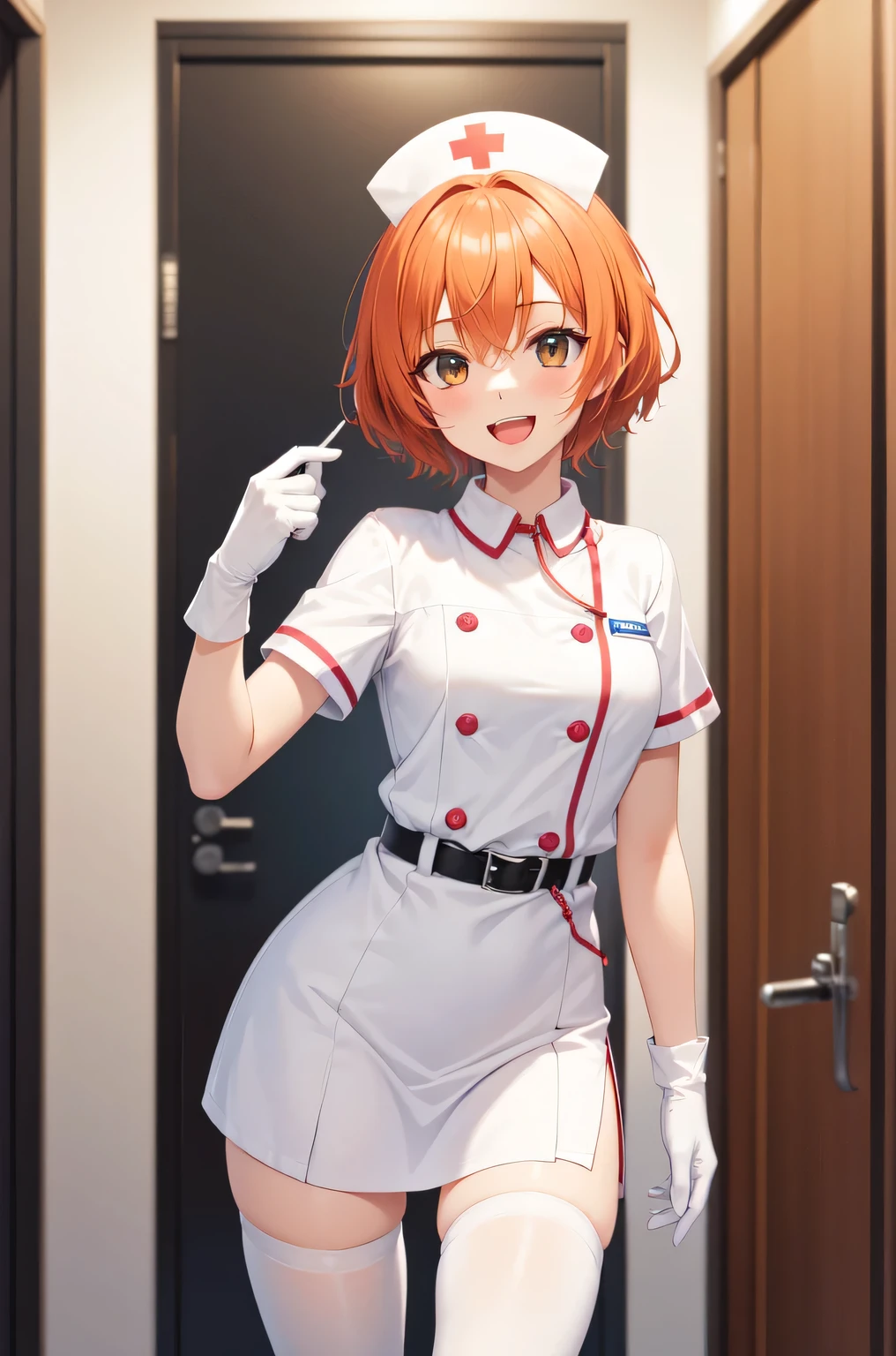 1girl, solo, nurse, nurse cap, white nurse uniform, ((white legwear, zettai ryouiki)), white gloves, very short hair, orange hair, smile, open mouth, standing, ((hospital room)), sharp outline, short sleeves, tomboy, boyish, best quality, masterpiece