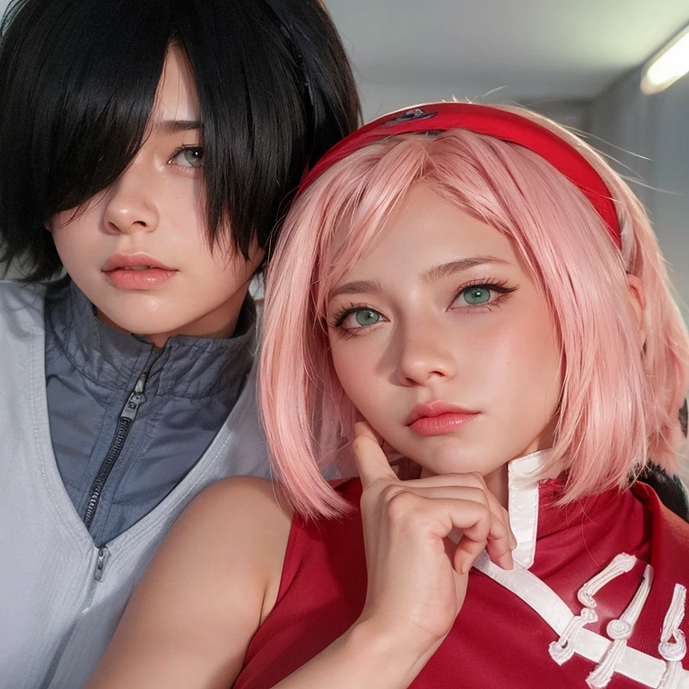 young man and young woman dancing in the forest, Sasuke, the man is tall with spiky black hair, black eyes, black suit, well-defined jaw, Sakura short shoulder-length pink hair, wide forehead, porcelain skin, pink eyebrows, big emerald green eyes, buttoned nose, full lips, heart-shaped face, slender body, small breasts, red tank top, realistic, 3d, well detailed