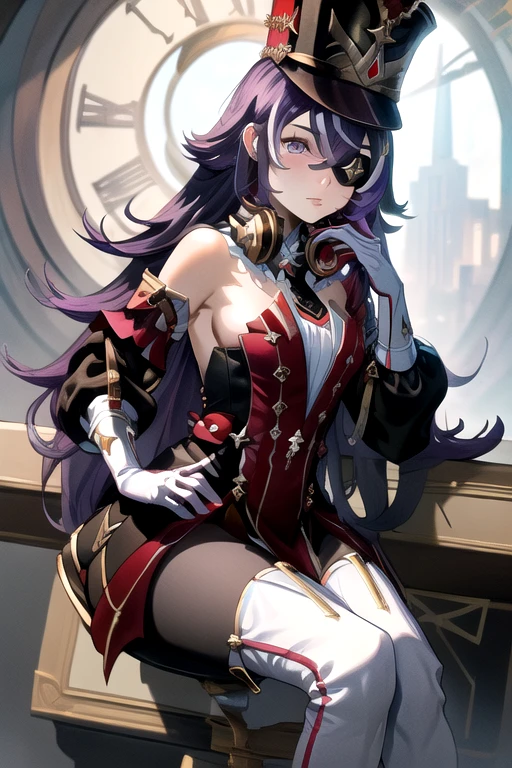 masterpiece, best quality, erotic, sitting, Chevreuse_Genshin,  1girl, solo, long hair, purple hair, purple eyes, eyepatch, multicolored hair,  uniform, headphones around neck, white thigh boots, tight hips, shako cap, dress, detached sleeves, gloves,,