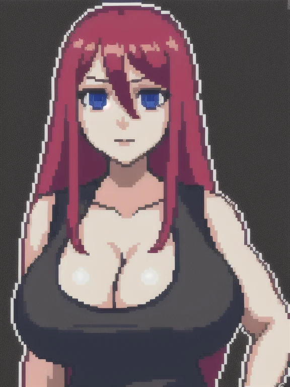 hcnone, pixel art, best quality, 1female, mature, girl, curvy body, long loose black T-shirt, red hair, blue eyes, half body, (gigantic_breasts), detailed face and eyes, dynamic lighting