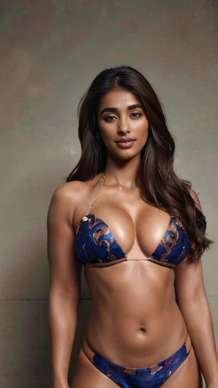 (portrait photo), ((best quality)), masterpiece, 8k wallpaper, nikon, cinematic lighting, medium hair, ((blue iris)), (photorealistic:1.4), (pooja hegde), (as a super woman), (deep cleavage and navel), ((bikini)),((trimmed eyebrow))