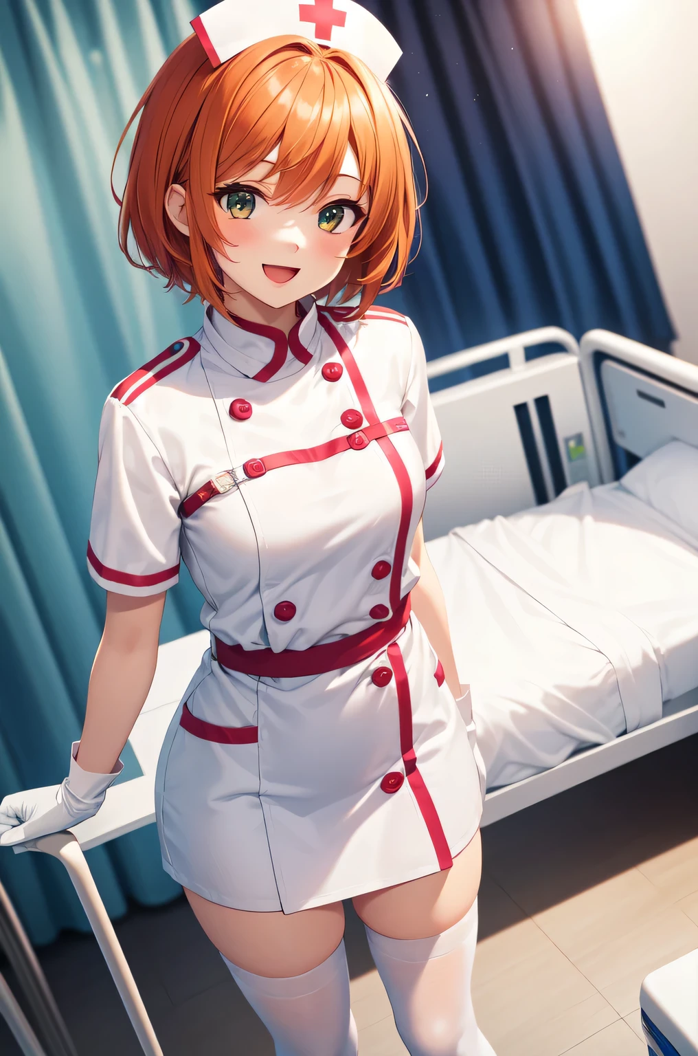 1girl, solo, nurse, nurse cap, white nurse uniform, ((white legwear, zettai ryouiki)), white gloves, very short hair, orange hair, smile, open mouth, standing, ((hospital room)), sharp outline, short sleeves, tomboy, boyish, best quality, masterpiece