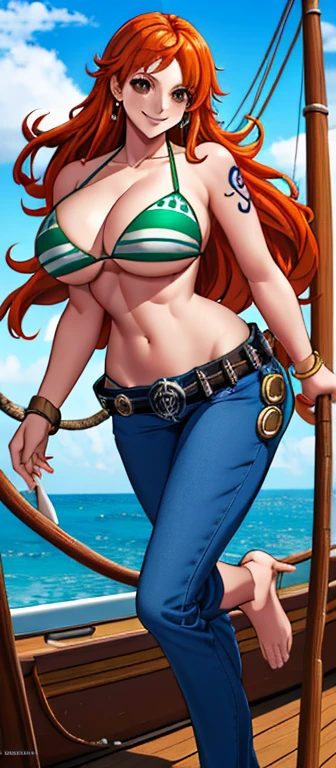 (Masterpiece:1.4), (best quality:1.4), ultra highres,1girl, extremely detailed,8k, beautiful, detailed eyes, looking at viewer, strong dark colors, (depth of field), (dynamic), (epic), Sharp focus, (complex detail: 1.2), full color, nano\(one piece\), ((bikini)), blue sky, bracelets, breasts, (brown eyes: 1.4), bubbles, cleavage , clouds, day, denim, earrings, flowing hair, green belt, green bikini, jewelry, huge breasts, log pose, long hair, belly button, orange hair, pants, shoulder tattoo, collarbone, sky, Smile, Single, Standing, Belly, Swimsuit, Tattoo, Smile, Pirate Ship, (One Piece), (Strength: 1.4), ((full Body Only)),