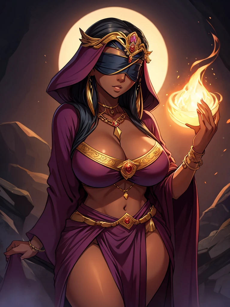 The Goddess of Magic, very dark skin, robes, blindfold, deep cleavage