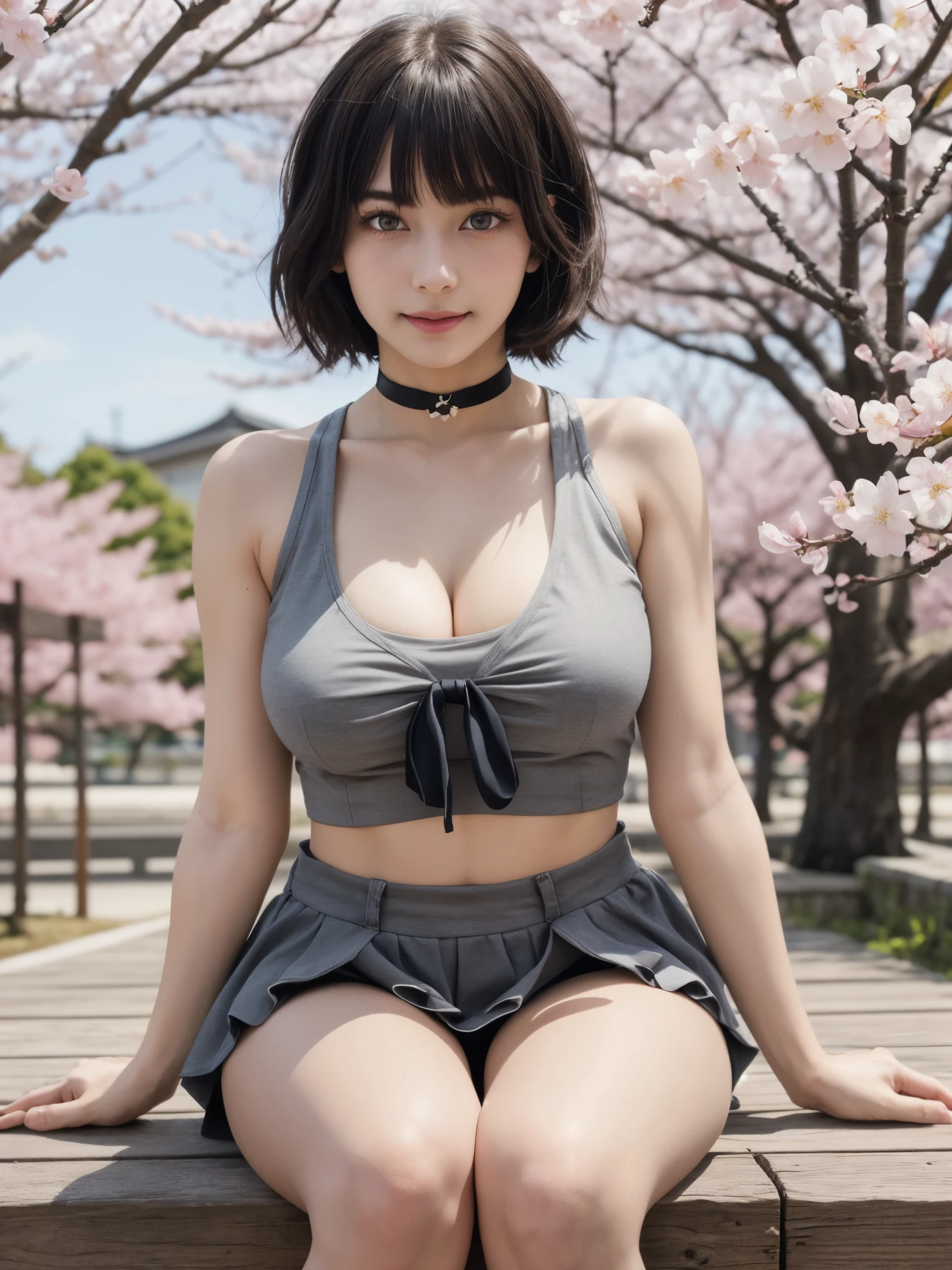 Hinata sitting in cherry blossom garden, BREAK, 1girl, grey eyes, spaghetti tank top, cleavage, huge breast, thigh, ruffle mini skirt, shoulder, medium bob hair, flat bangs, cherry blossom, sakura, petals, floating petals, tareme eyes, choker, sexy shy pose, alluring gesture, detailed face, (realistic:1.3), detailed eyes, 