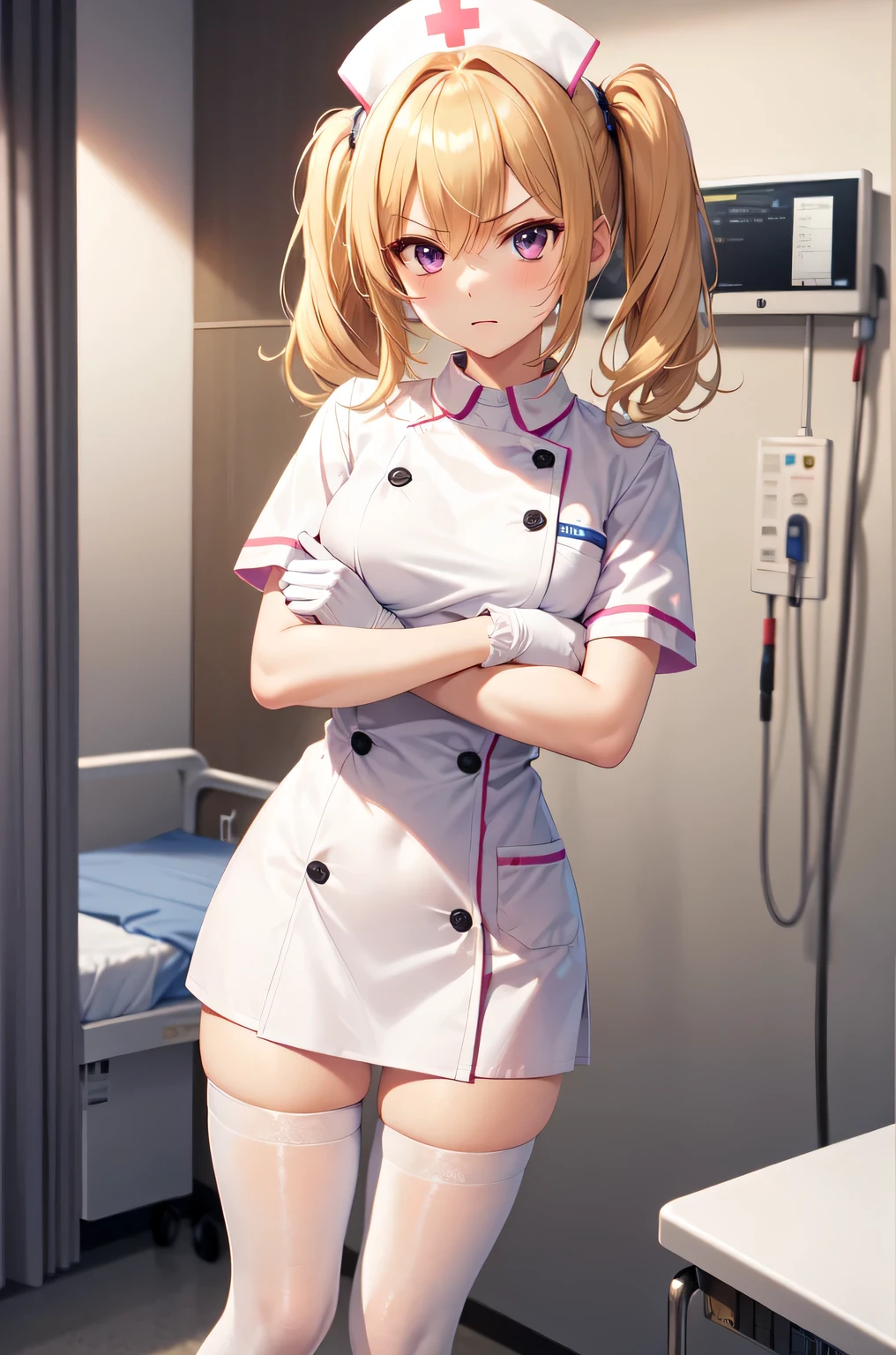 1girl, solo, nurse, nurse cap, white nurse uniform, ((white legwear, zettai ryouiki)), white gloves, twintails, yellow hair, purple eyes, angry, crossed arms, standing, ((hospital room)), sharp outline, short sleeves, best quality, masterpiece