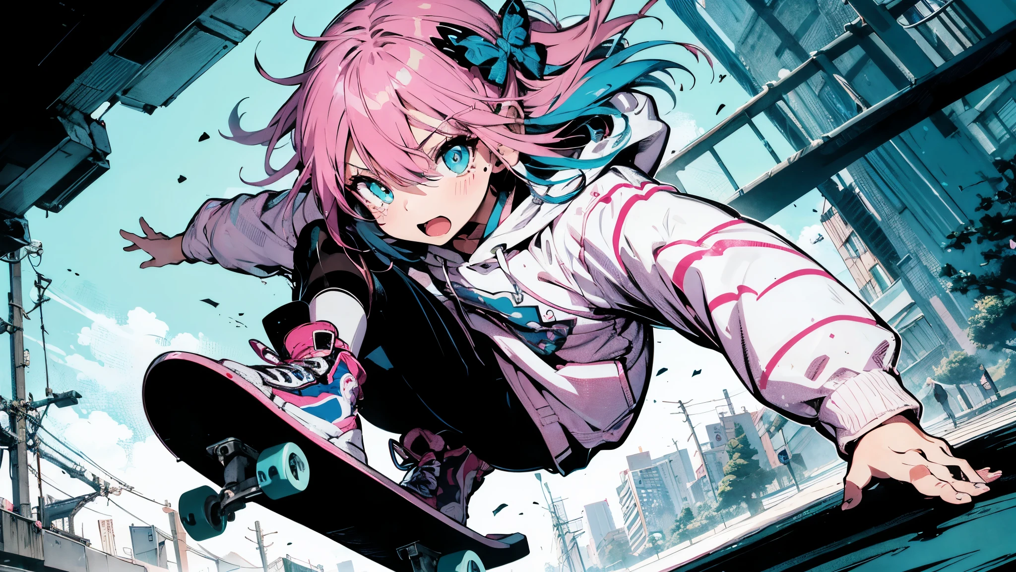 vividcolor anime style, rough and intense illustration of Pink-chan, a 20-year-old anime-style chibi character, skateboarding jump super high in the sky. The image should have an aggressive and raw appearance, with heavy, exaggerated lines and brush strokes to emphasize speed and action. Pink-chan has medium-length pink hair with blue highlights, light blue eyes, and a small mole beside her left eye. She's slim, about 150 cm tall, wearing a modern white hoodie and a blue butt