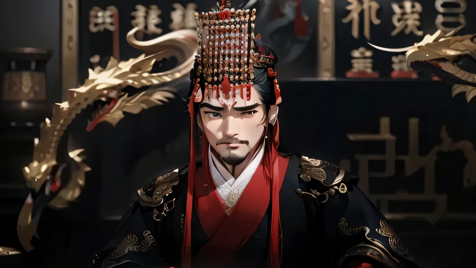 An expression of sudden enlightenment，Raise your right hand，Dressed in black and red clothing、Arafi man wearing a dragon head ornament, zhao yun, Inspired by Wu Bin, inspired by Wu Daozi, Inspired by Zhu Derun, inspired by Guan Daosheng, royal emperor, Inspired by Dong Yuan, Inspired by Yoon Doo-ri, Inspired by Zhao Yuan, Emperor Xuande,embarrassed