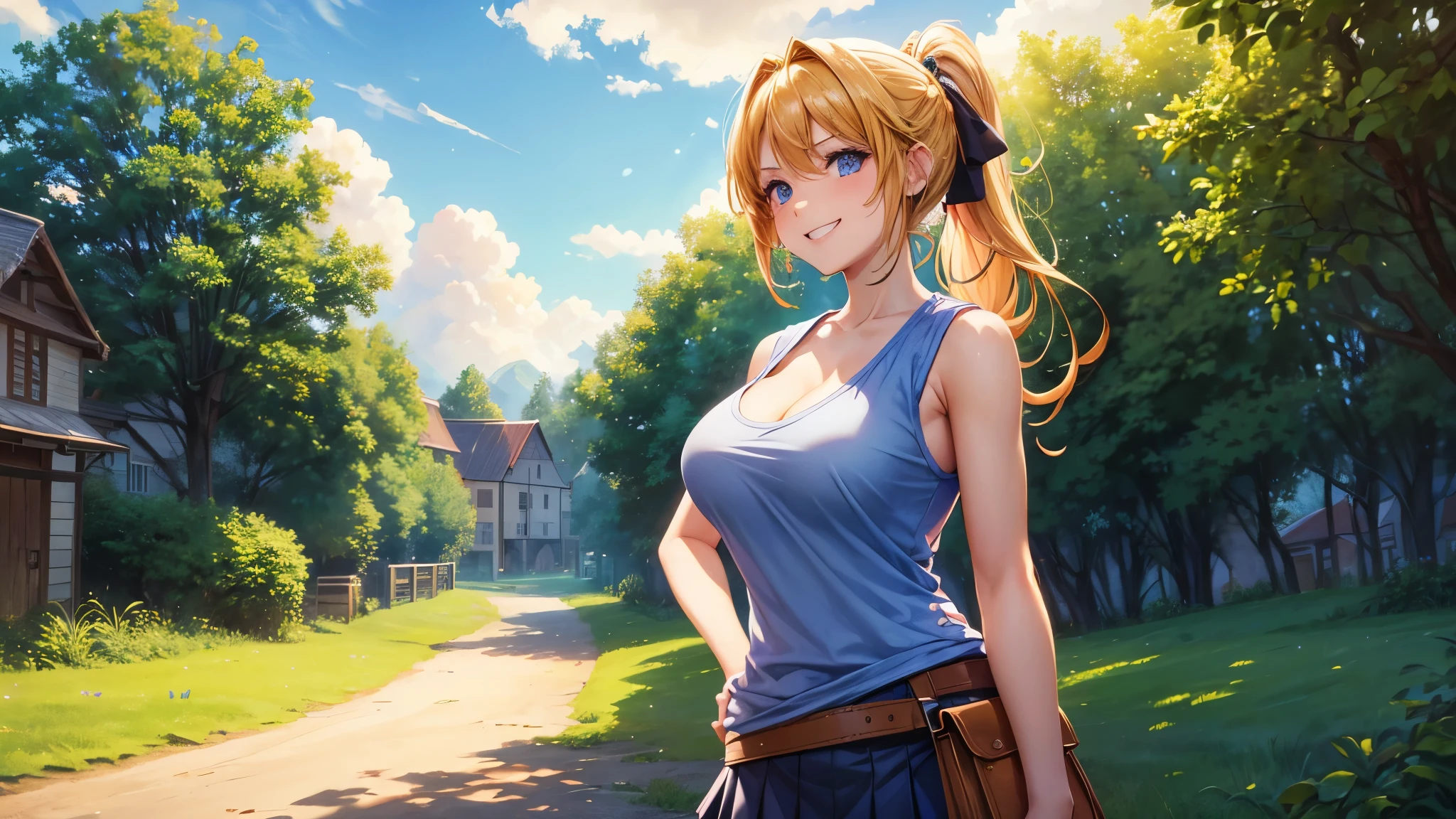 1girl, full body, solo, summer, village, trees, sun, clouds, ((colorful hair)), ponytail, large breasts, button down, blue eyes, ((white shirt)), ((unbuttoned shirt)), unbuttoning buttons, popping buttons, ((short sleeved shirt)), ((light brown west sweeter)), black mini skirt, brown shoes, grin, looking at the viewer, standing, hair ribbon, cleavage, golden necklate