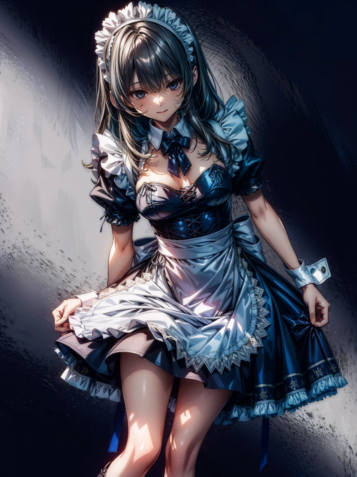 (perfect anatomy:1.2, highest quality),(Detailed maid leotard:1.6),1girl,solo,long hair:1.5, (short sleeves, Thighs,maid cuffs),,hypnoLora, empty eyes,high heel lace-up boots  boots, dark aura,leotrad,evil smile