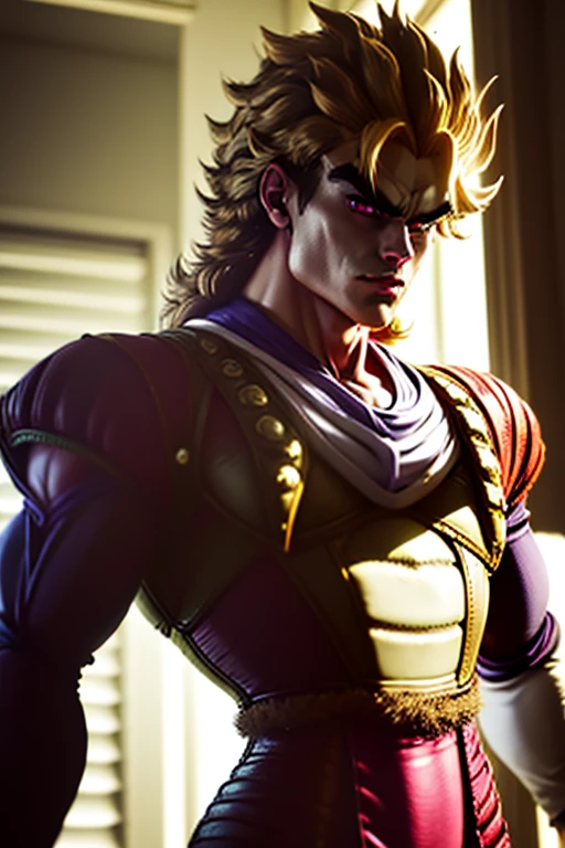 Hyperrealistic version of Vegeta cosplaying as dio brando (phantom blood), hyperdetailled, hyperrealistic,masterpiece,Photorealistic RAW photos of the highest quality inspired byv1.0 Necronomicon Pages ,bright colors,rich colors, Backlight, cinematic lighting, film grain, 50mm lens, Nikon D850,beautiful expression,fantasy art,character art,