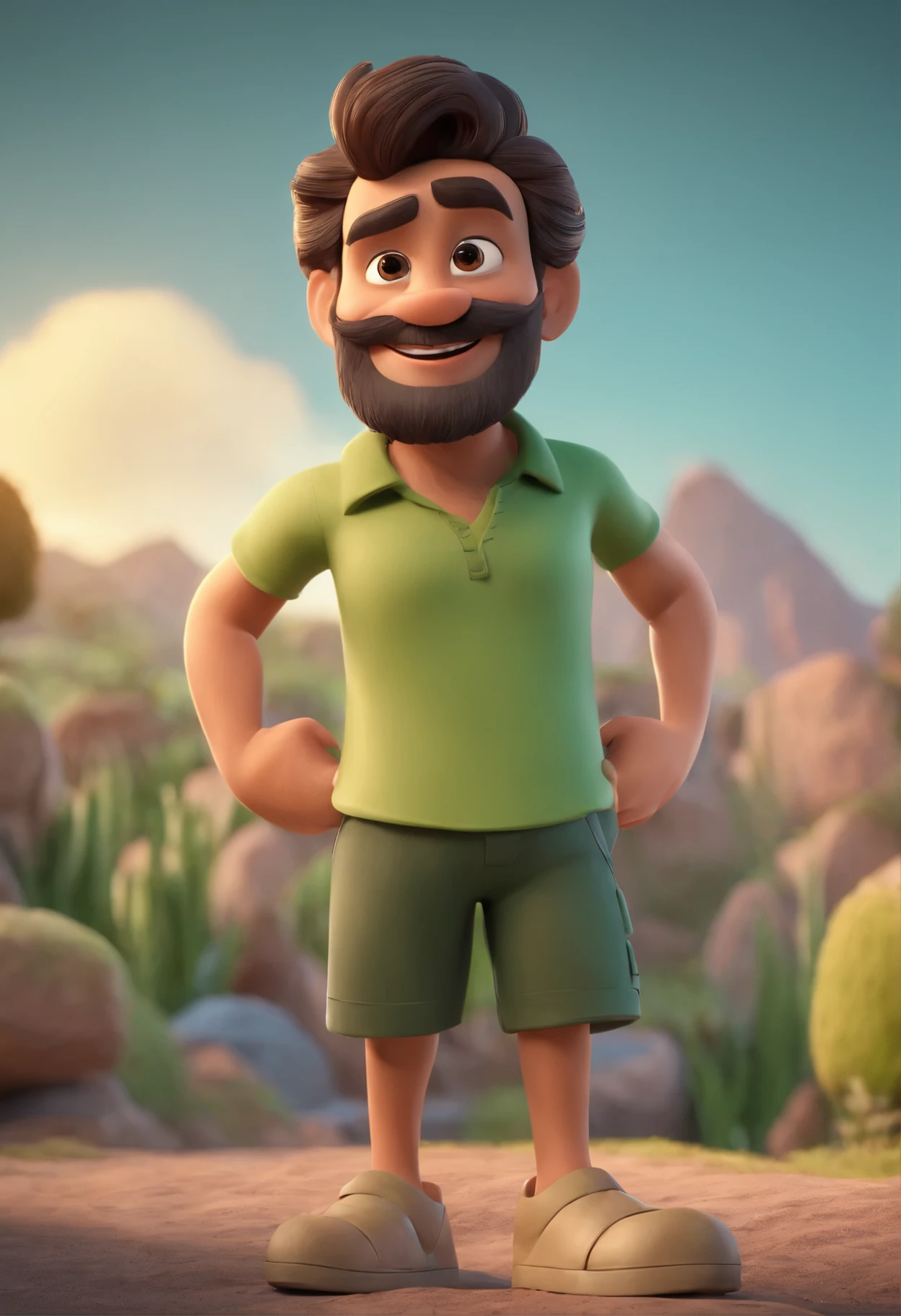 Personagem de desenho animado de um homem com barba e camisa verde, um personagem animado feliz, pessoas feliz ao seu redor, Caractere estilizado, animation style rendering, 3D estilizado, Arnold Maya rendering, Stylized 3D rendering, toon render screenshot, Personagem 3D, Personagem 3D, Stylized 3D rendering, 3D character rendering, personagem de desenho animado, Personagem de close up, Pose de personagem, (Estilo Pixar) (parte mestre:1.2) (Bokeh) (Melhor qualidade) (pele detalhada) (textura detalhada) (8k) (argila) (cinematic lighting) (sharp focus,Senta e vaza a parte superior do corpo