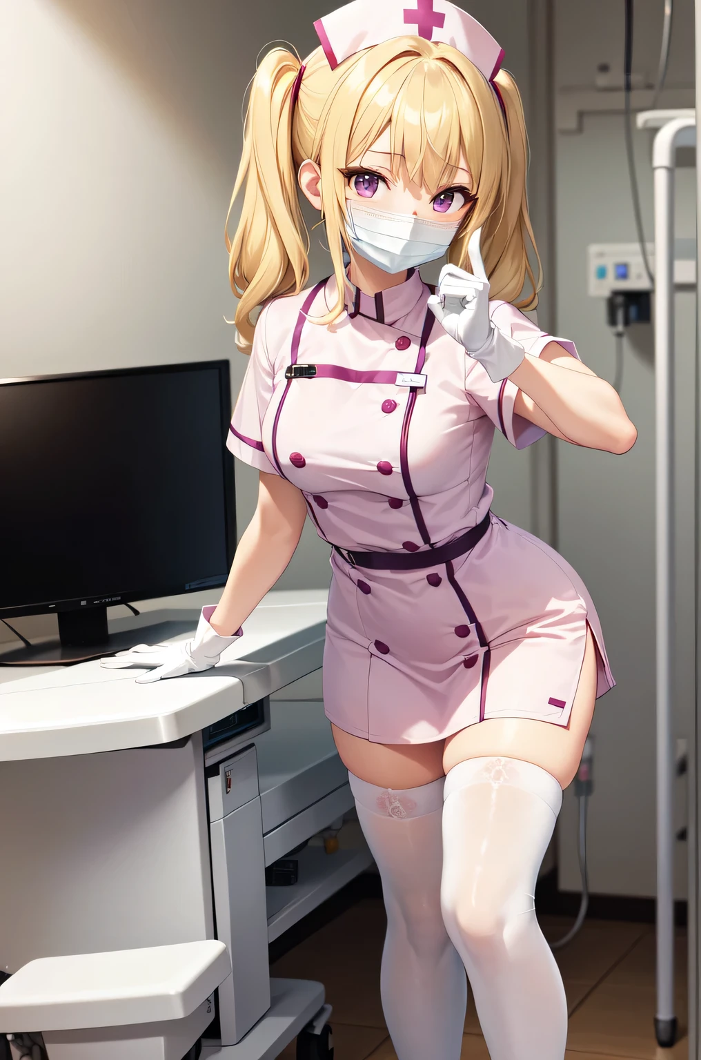 1girl, solo, nurse, nurse cap, white nurse uniform, ((white legwear, zettai ryouiki)), white gloves, twintails, yellow hair, purple eyes, ((white surgical mask, covered nose)), standing, ((hospital room)), sharp outline, short sleeves, best quality, masterpiece