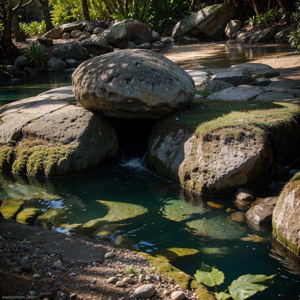 Fotografia, lente 105mm, valley with lush tropical vegetation, luz solar inicio do dia, reflections between the trees, crystal clear water course, multicolored pebbles on the bed of the watercourse.