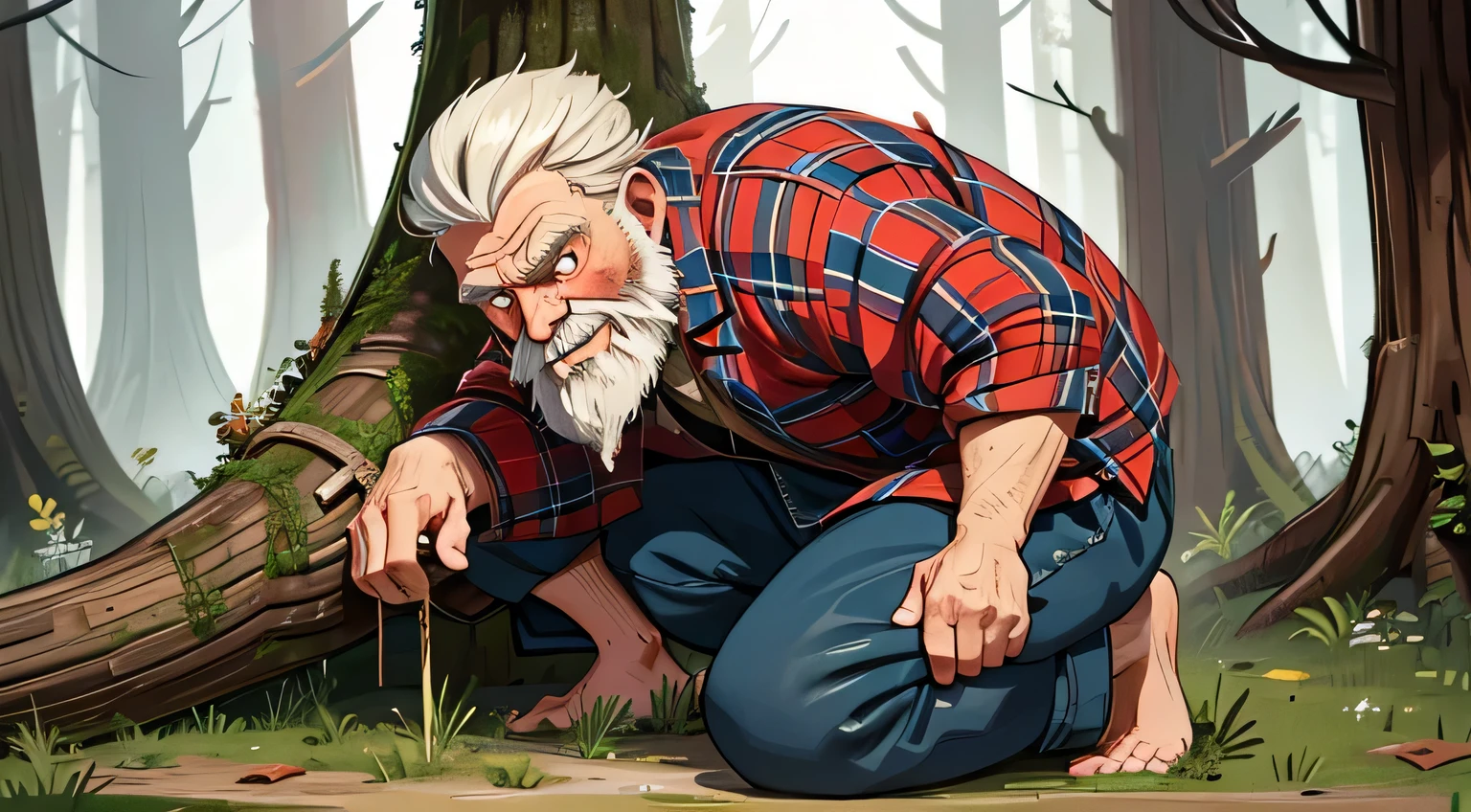 Ancient Times，An old man，He is a lumberjack.，Kneeling on the ground，wearing tattered clothes，Very scared，Very scared，trembling，There was a large bundle of wood next to it.，He is already very old，Hunched back，Very skinny