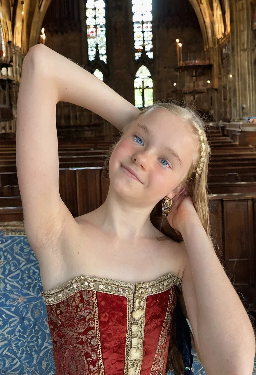 Phone photo, natural look of  girl, wearing medieval strapless french dress, arms behind head, armpits, natural light,  blue eyes, light blonde hair, arms up, sweaty, at castle main hall, detailed face, detailed armpits, posted at snapchat in 2019, super cute face