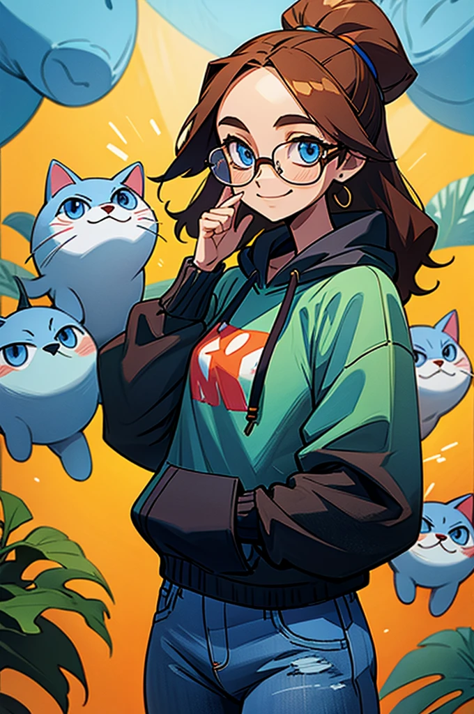 Middle-aged woman in anime style (brown shoulder-length hair, blue eyes, clear forehead, black glasses, smiling, black hoodie, jeans) with cute colorful fantasy cat in fantastic jungle world