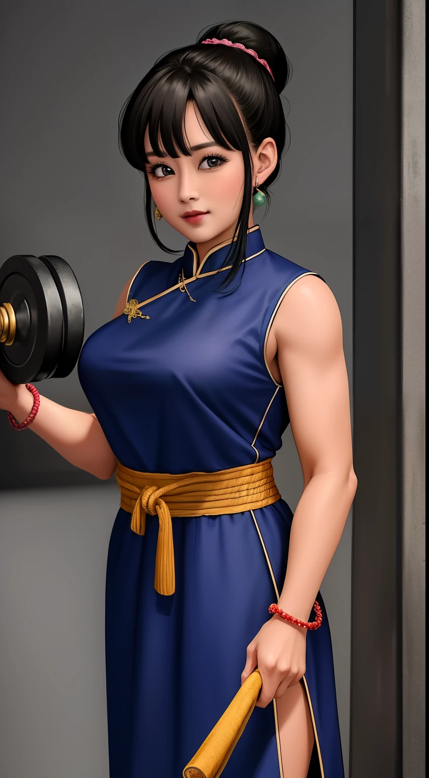 chef-d&#39;artwork, best quality,8K, high resolution, Dragon Ball, Bbchichi, (queue de cheval basse:1.1), yeux noirs, chinese clothing, robe bleue, Sans manches, bracelet, ceinture, regarder le spectateur, tir de cow-boy, in a gym doing weight training with dumbbells 