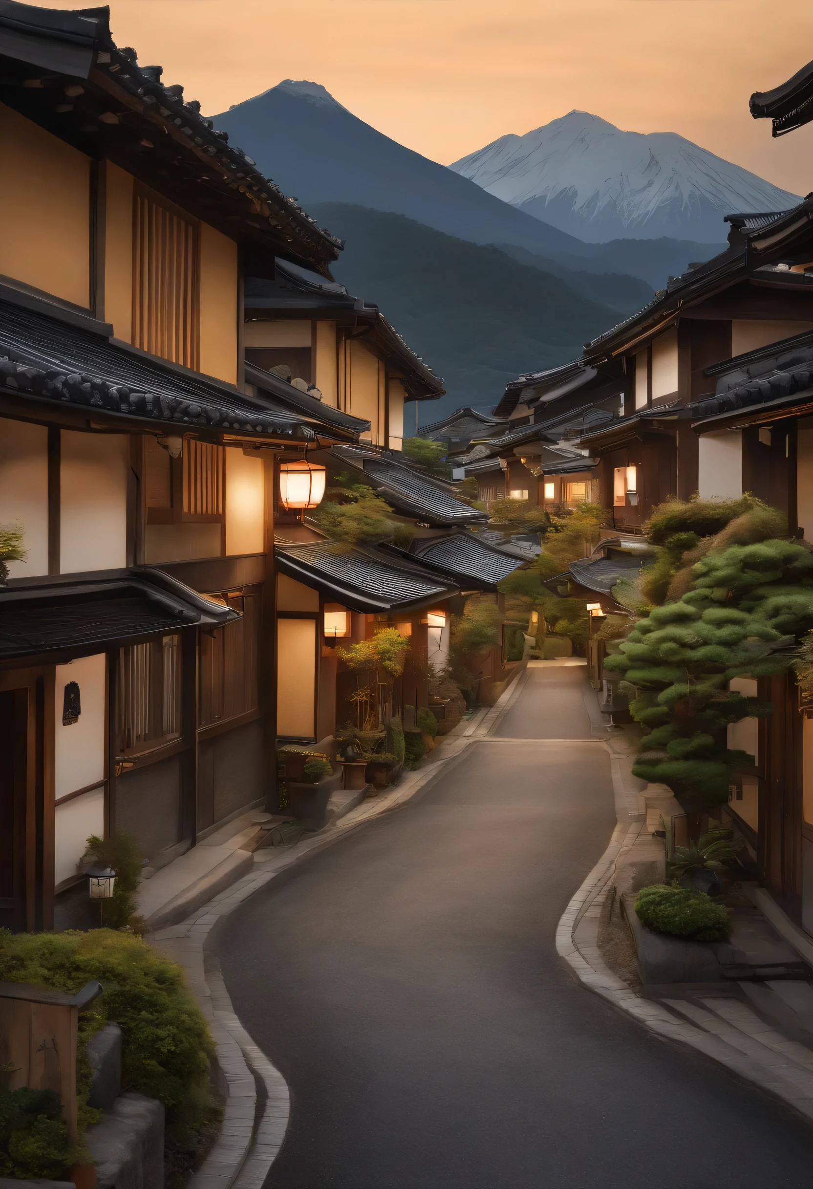 there is a painting of a street with houses and a mountain in the background, inspired by Hasui Kawase, hasui kwase, japanese rural town, inspired by Kawase Hasui, japanese town, japanese village, inspired by Hiroshi Yoshida, yasunari ikenaga, inspired by Yoshida Hanbei, inspired by Ogata Kōrin