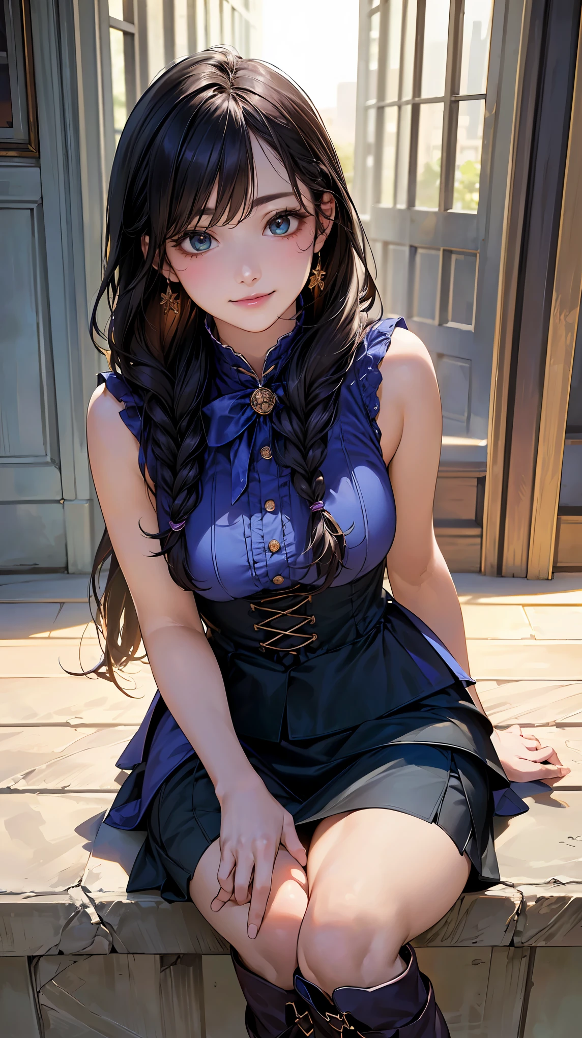 (masterpiece:1.2, highest quality), (realistic, photorealistic:1.4), beautiful illustrations, (natural side lighting, movie lighting),oking at the viewer, Upper body, (Front view), 1 girl, perfect face, Cute symmetrical face, shiny skin, , long eyelashes, (medium breasts), (wide hips),beautiful hair, beautiful face, fine and beautiful eyes, beautiful body, beautiful breasts, beautiful thighs, beautiful feet, beautiful fingers,(beautiful scenery:1.2),(cute smile:1.2, upper grade), body conscious, Turquoise blue dress,witch, (layered skirt:1.5), (long boots:1.5), plump thighs, (sides braided with strings:1.2), long black hair,bustier dress,sleeveless,(nsfw)