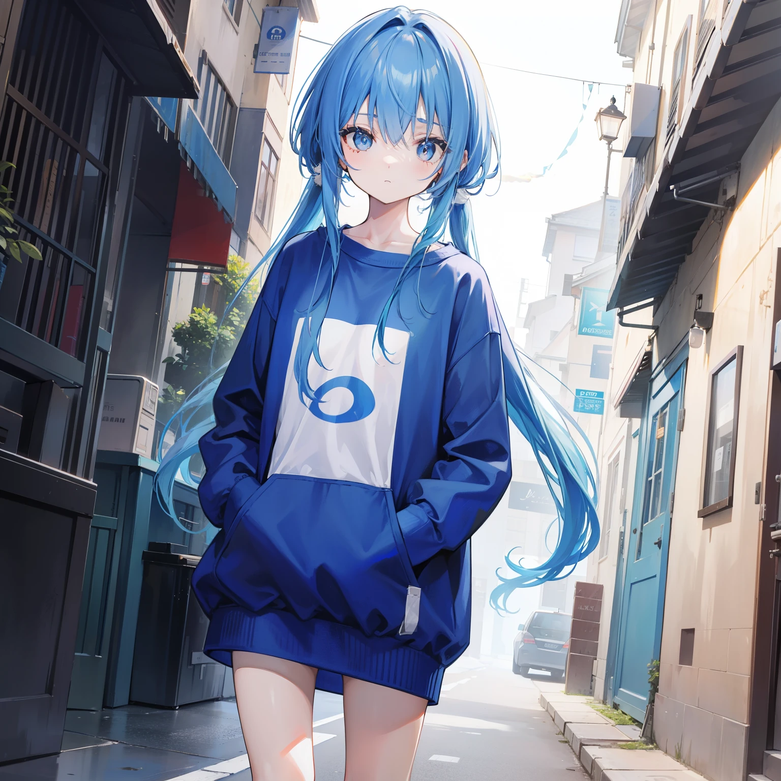 Long fleshy blue hair，Loose and simple sweatshirt，It looks small and cute