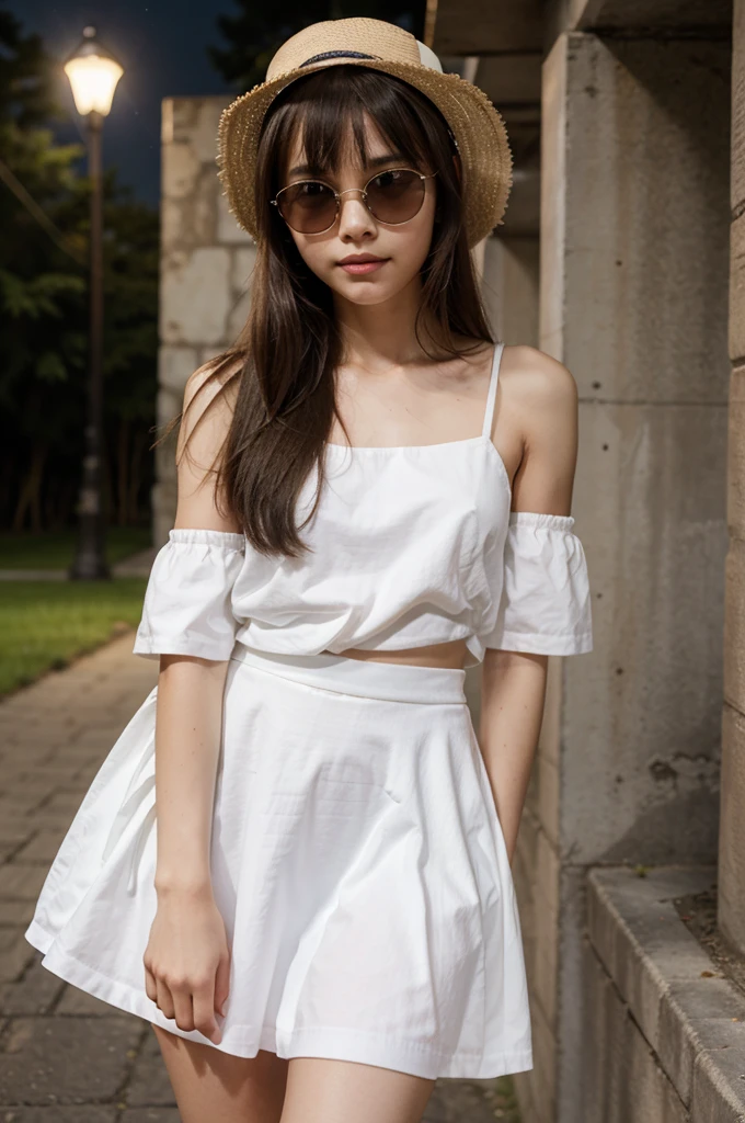 A cute girl, perfect face, beautifull girl,14 years oldy body, slim body, white skin, masterpiece, textured skin, super detail, high details, high quality, 8k, nice pose, road night background, dark shadow, less light, nature light, side lighting to face, dress, wearing a white hat, detailed hat, wearing a sun glasses, wearing a mask, cute lips, small and cutest lips, at night, wearing a white shoes, bangs hair style, open top, small skirt, wearing a ears rings, little smlie, night time.