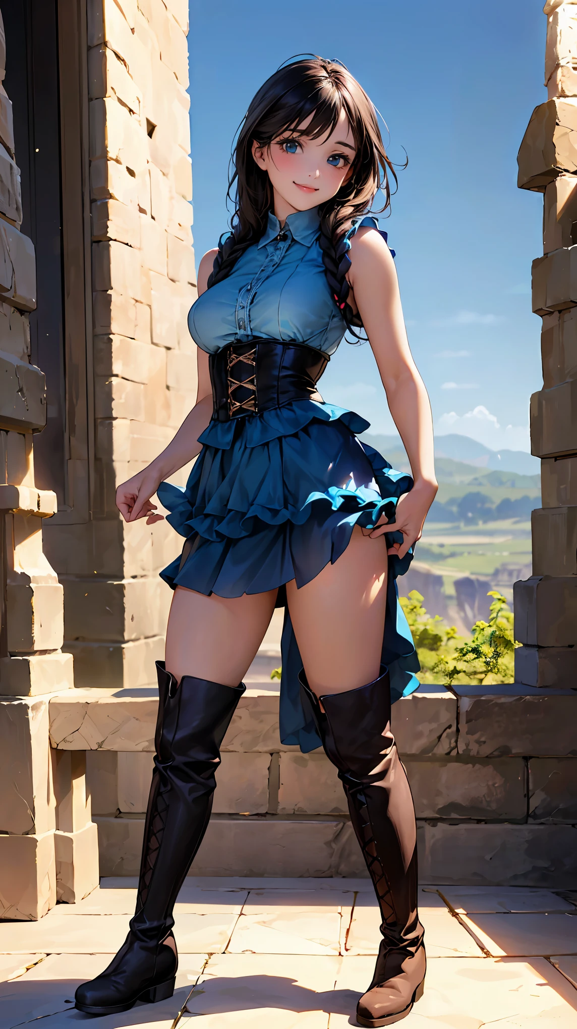 A back view photo shows s 30-year-old woman, touching own her ass, long hair, brown skin, wearing a blue puffy skirt dress, white long gloves, small shoulders, small waist, thick legs, wide hips, detailed face, slim body, detailed clothes, looking disgusted at the viewer
