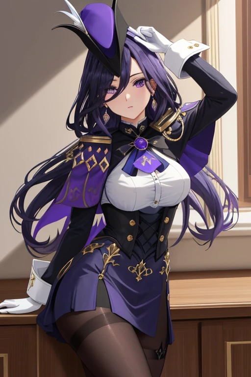 masterpiece, best quality, highly detailed, 1girl, solo, giclorinde, purple eyes, large breasts, hair between eyes, long hair, dark blue hair, earrings, black skirt, miniskirt, pantyhose, purple ascot, purple capelet, black corset, black pantyhose, black skirt, white gloves, , hat, tricorne,