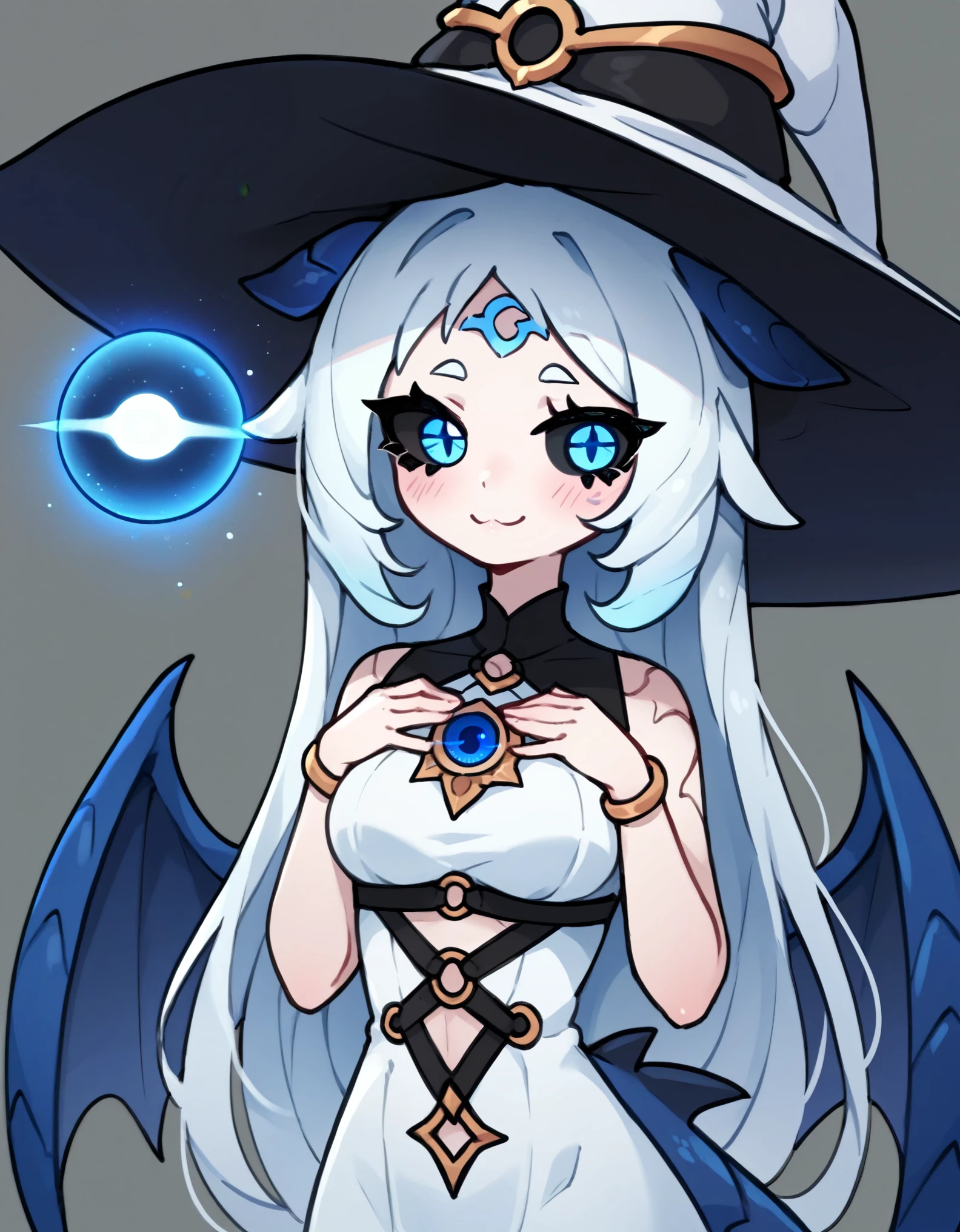 (score_9, score_8_up), score_7_up, zPDXL, SqueakyStyle, 1girl, solo, pale skin, blue eyes, black sclera, white hat, witch hat, white dress, smile, dragon wings, blue wings, blushing, looking at viewer, blue blush, simple background, upper body, hands on own chest, monster girl, blue dragon tail, magic, white hair, very long hair, orb, 