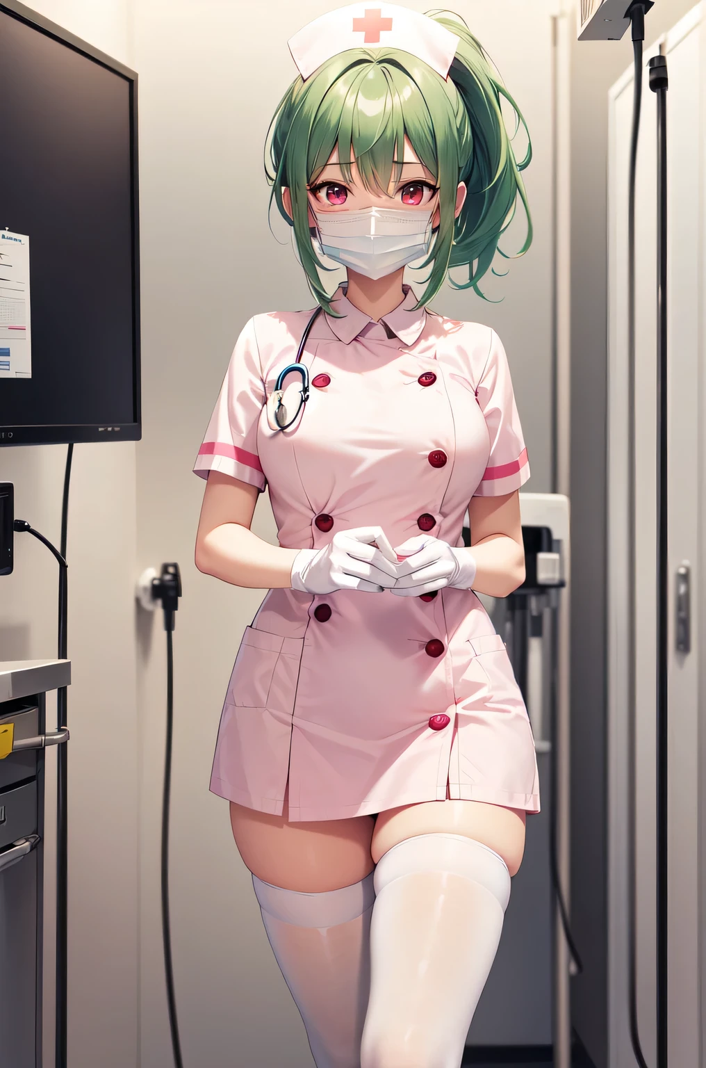 1girl, solo, nurse, nurse cap, white nurse uniform, ((white legwear, zettai ryouiki)), white gloves, ponytail, green hair, pink eyes, ((white surgical mask, covered nose)), standing, ((hospital room)), sharp outline, short sleeves, best quality, masterpiece