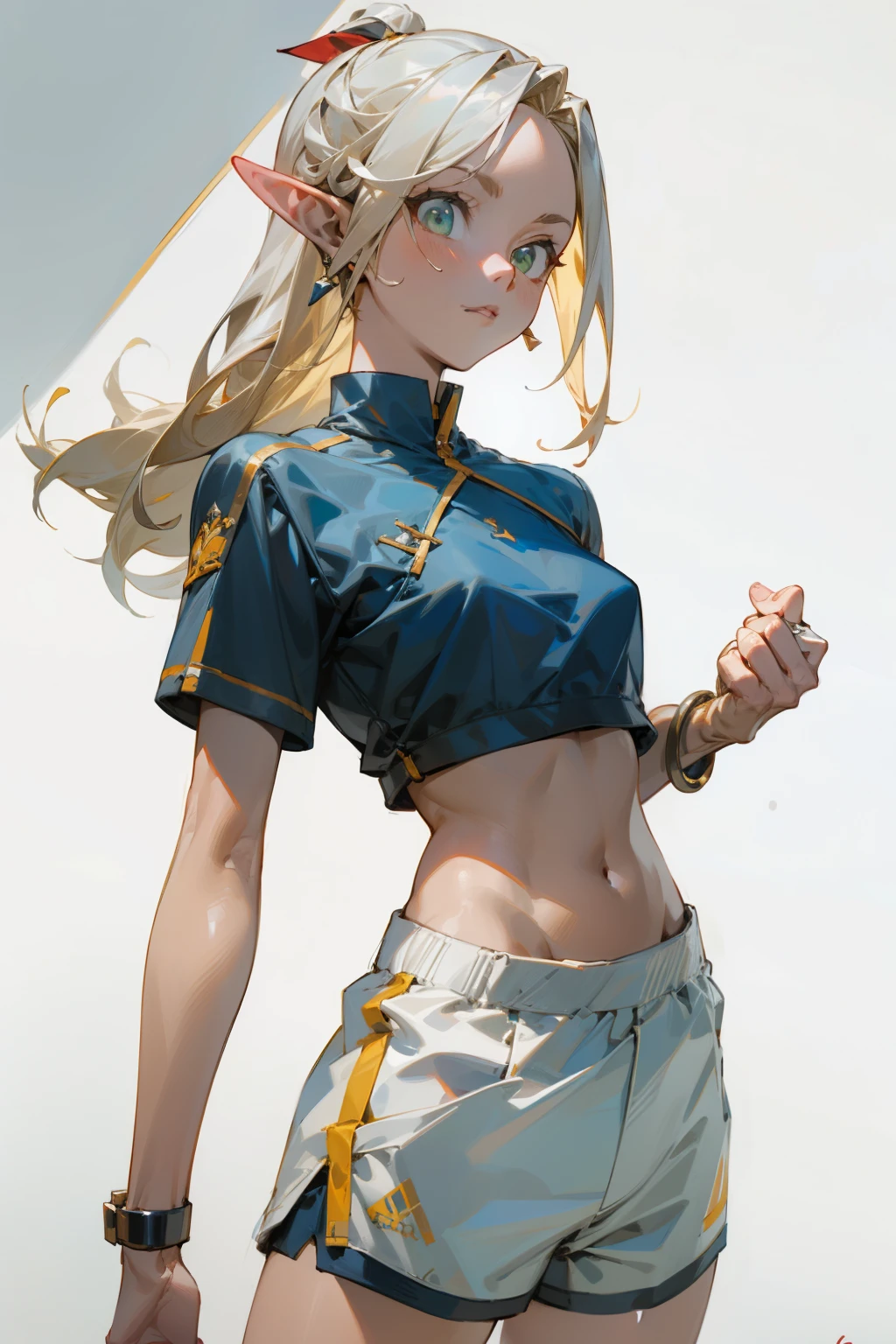 (masterpiece, best quality) detailed, silver accessories , Blonde ,elegant, pointed ears ,White short top, sports Shorts