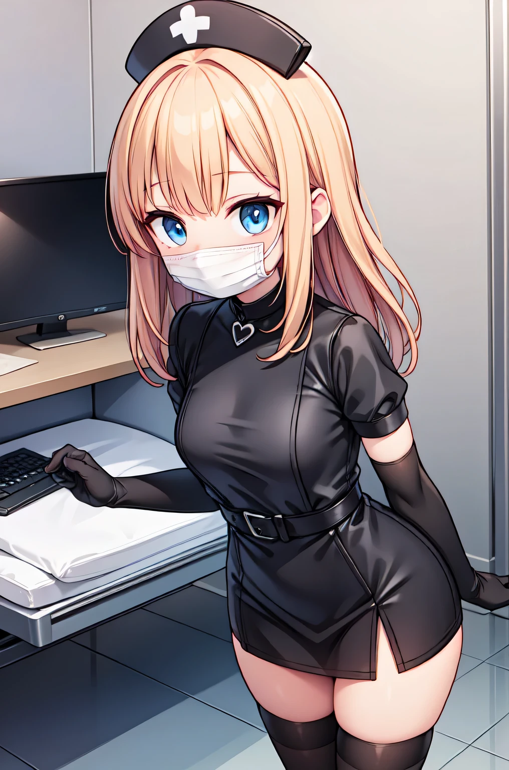 black nurse, 1woman, solo, black nurse cap, black nurse uniform, ((black legwear, zettai ryouiki)), black elbow gloves, blonde hair, blue eyes, ((black surgical mask, covered nose)), standing, ((surgery room)), sharp outline, short sleeves, mature female, 35 years old, best quality, masterpiece