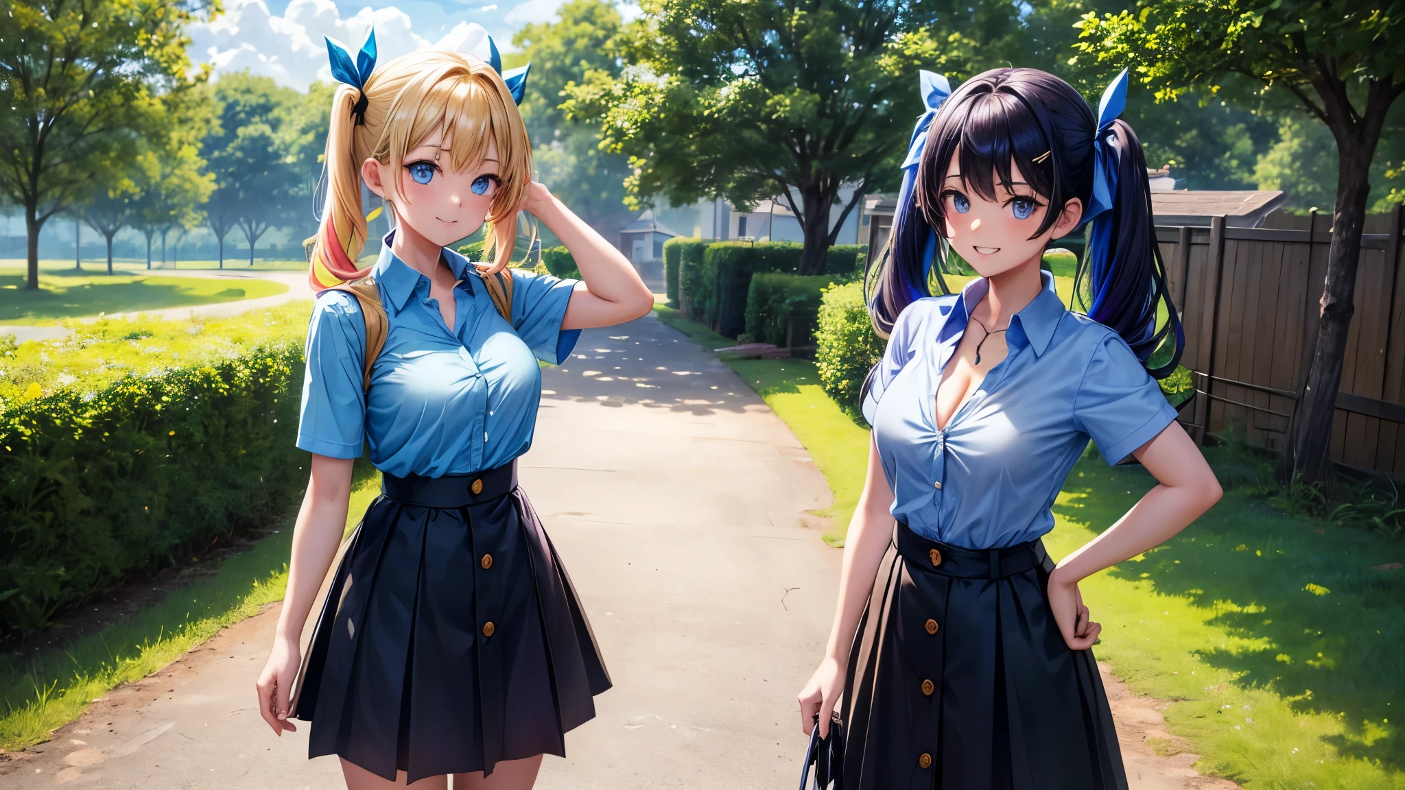 2girls, summer, village, trees, sun, clouds, ((colorful hair)), twintail, large breasts, button down, blue eyes, ((blue shirt)), ((unbuttoned shirt)), unbuttoning buttons, popping buttons, ((short sleeved shirt)), black mini skirt, brown shoes, grin, standing, hair ribbon, cleavage, golden necklate, hand on hip
