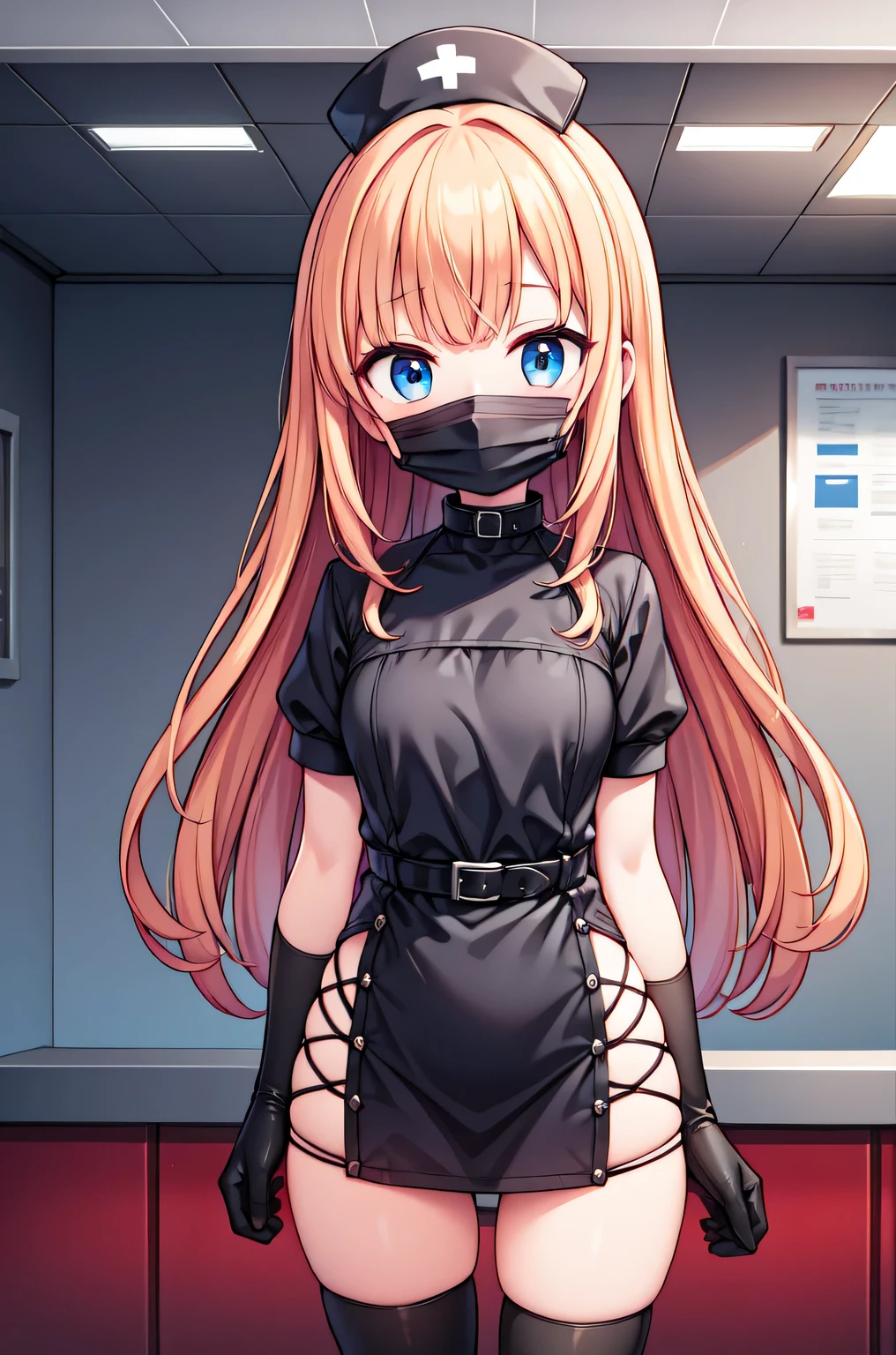 black nurse, 1woman, solo, black nurse cap, black nurse uniform, ((black legwear, zettai ryouiki)), black elbow gloves, blonde hair, blue eyes, ((black surgical mask, covered nose)), standing, ((surgery room)), sharp outline, short sleeves, mature female, 35 years old, best quality, masterpiece