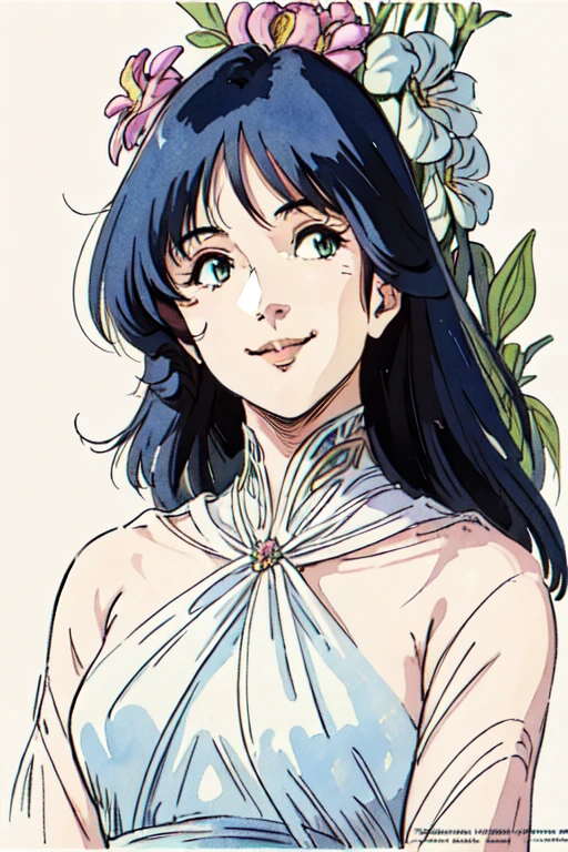 masterpiece, highest quality, divine quality, godlike art, Art Nouveau watercolors, highly detailed face, very realistic, cute, 1 girl,alone,looking at the viewer,Smile Lynn Minmei, white dress, Nice views , flower-like_background, Intricate designs and patterns in the style of Alphonse Mucha.from below