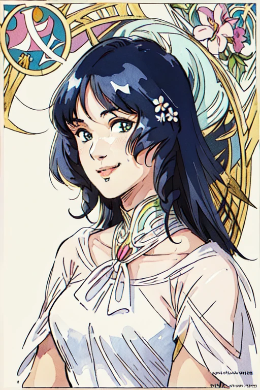 masterpiece, highest quality, divine quality, godlike art, Art Nouveau watercolors, highly detailed face, very realistic, cute, 1 girl,alone,looking at the viewer,Smile Lynn Minmei, white dress, Nice views , flower-like_background, Intricate designs and patterns in the style of Alphonse Mucha.from below