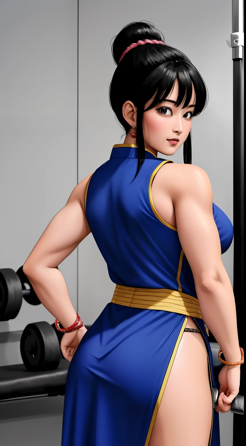 chef-d&#39;artwork, best quality,8K, high resolution, Dragon Ball, Bbchichi, (queue de cheval basse:1.1), yeux noirs, chinese clothing, robe bleue, Sans manches, bracelet, corps sexy, ceinture, regarder le spectateur, tir de cow-boy, in a gym doing weight training with dumbbells 