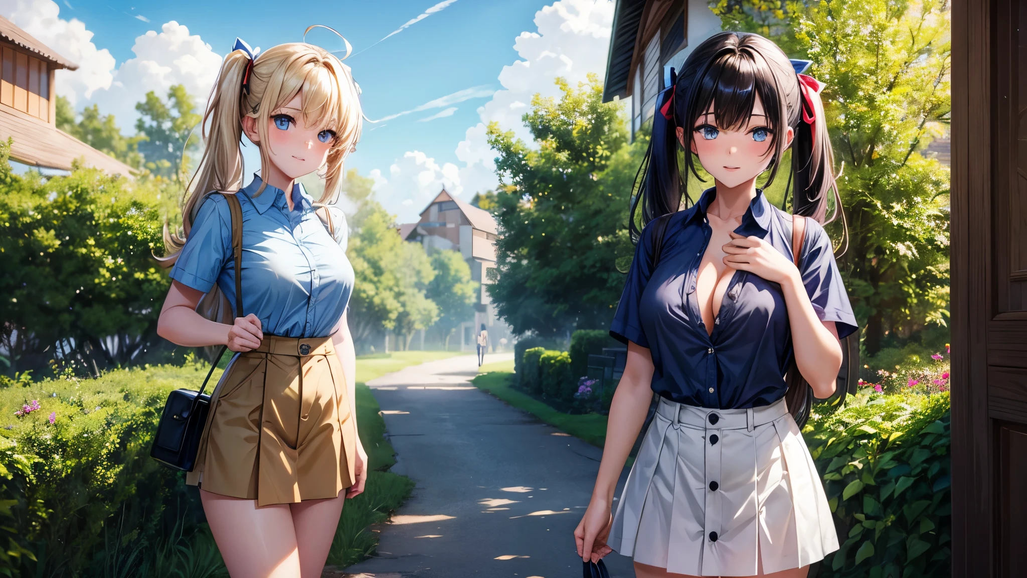 2girls, summer, village, trees, sun, clouds, ((colorful hair)), twintail, large breasts, button down, blue eyes, ((blue shirt)), ((unbuttoned shirt)), unbuttoning buttons, popping buttons, ((short sleeved shirt)), black mini skirt, brown shoes, grin, standing, hair ribbon, cleavage, golden necklate, hand on hip