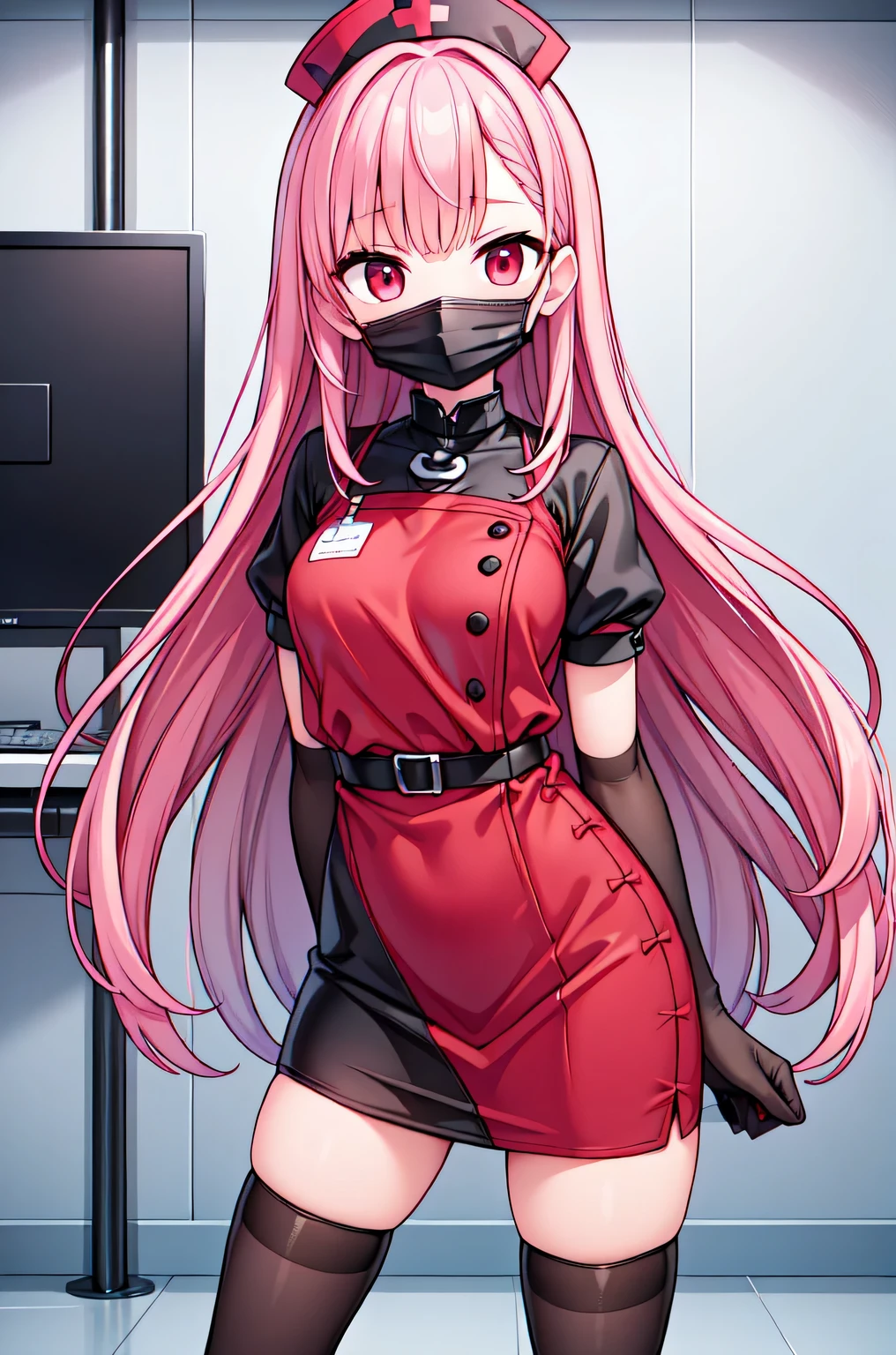 black nurse, 1woman, solo, black nurse cap, black nurse uniform, ((black legwear, zettai ryouiki)), black elbow gloves, long hair, purple hair, red eyes, ((black surgical mask, covered nose)), standing, ((surgery room)), sharp outline, short sleeves, mature female, 35 years old, best quality, masterpiece